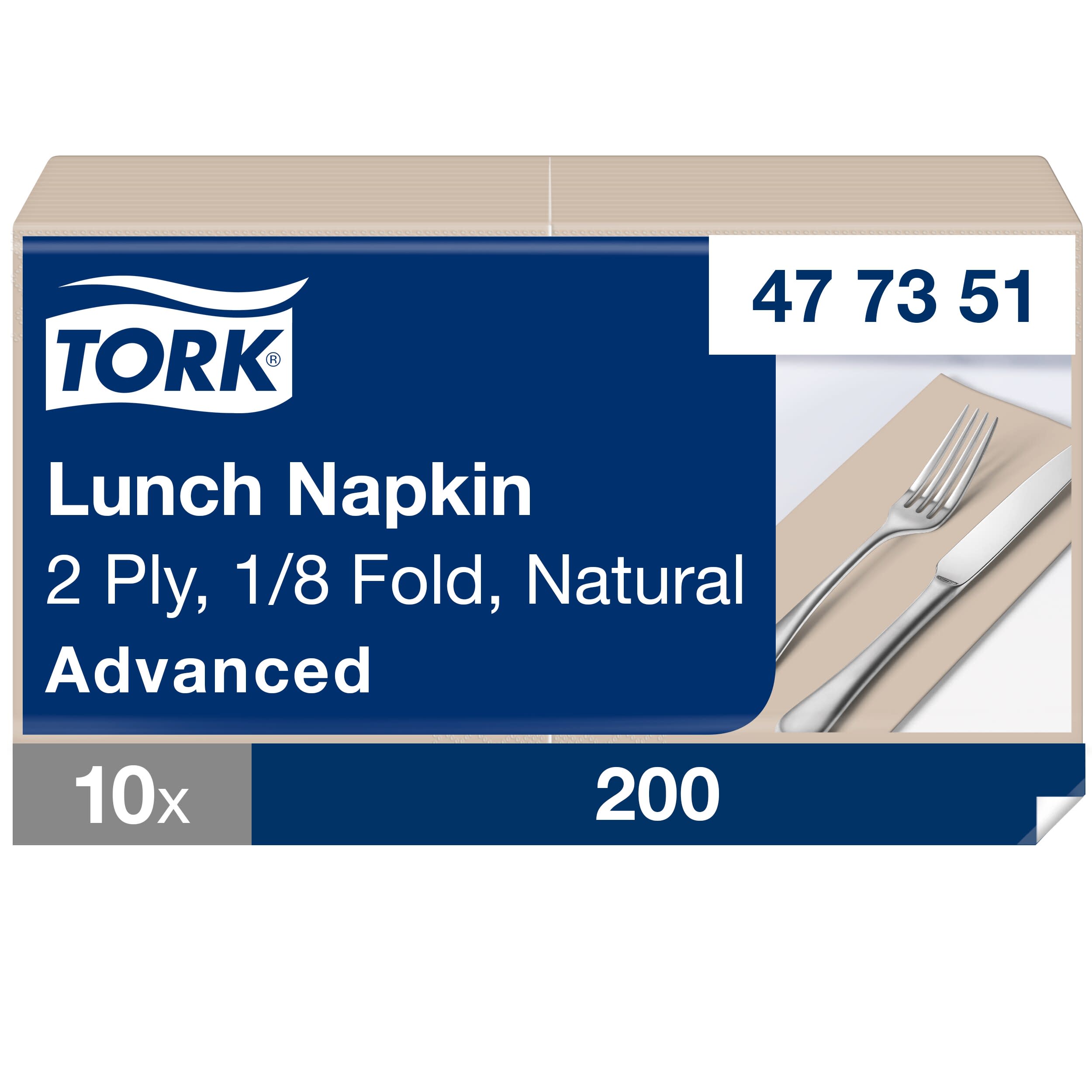 Tork Lunchserviette Natur, 1/8-Falz, 2-lagig, 33 cm × 33 cm, 10 × 200 Servietten, 477351