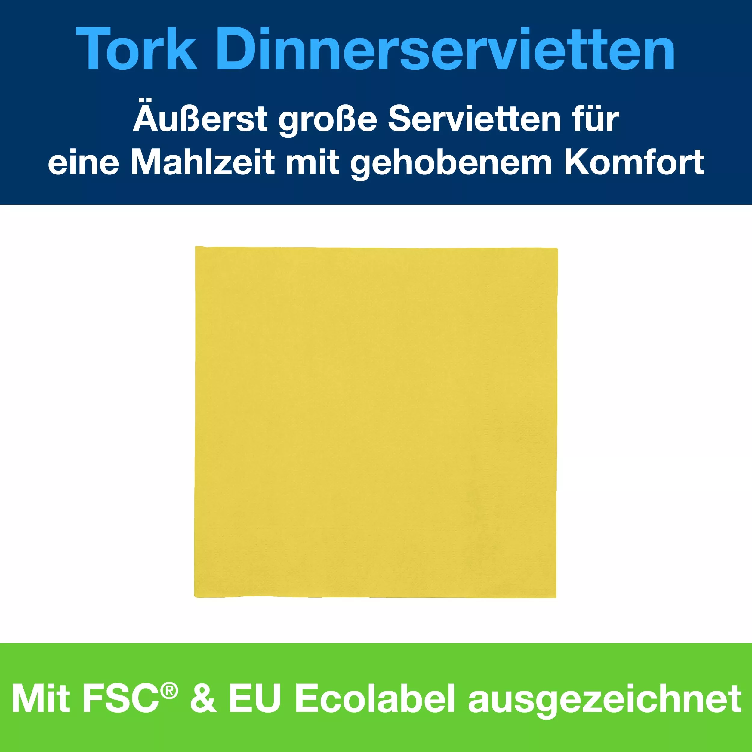 Tork Dinnerservietten Gelb, 1/4-Falz, 2‑lagig, 40 cm × 39 cm, 12 × 150 Servietten, 477901