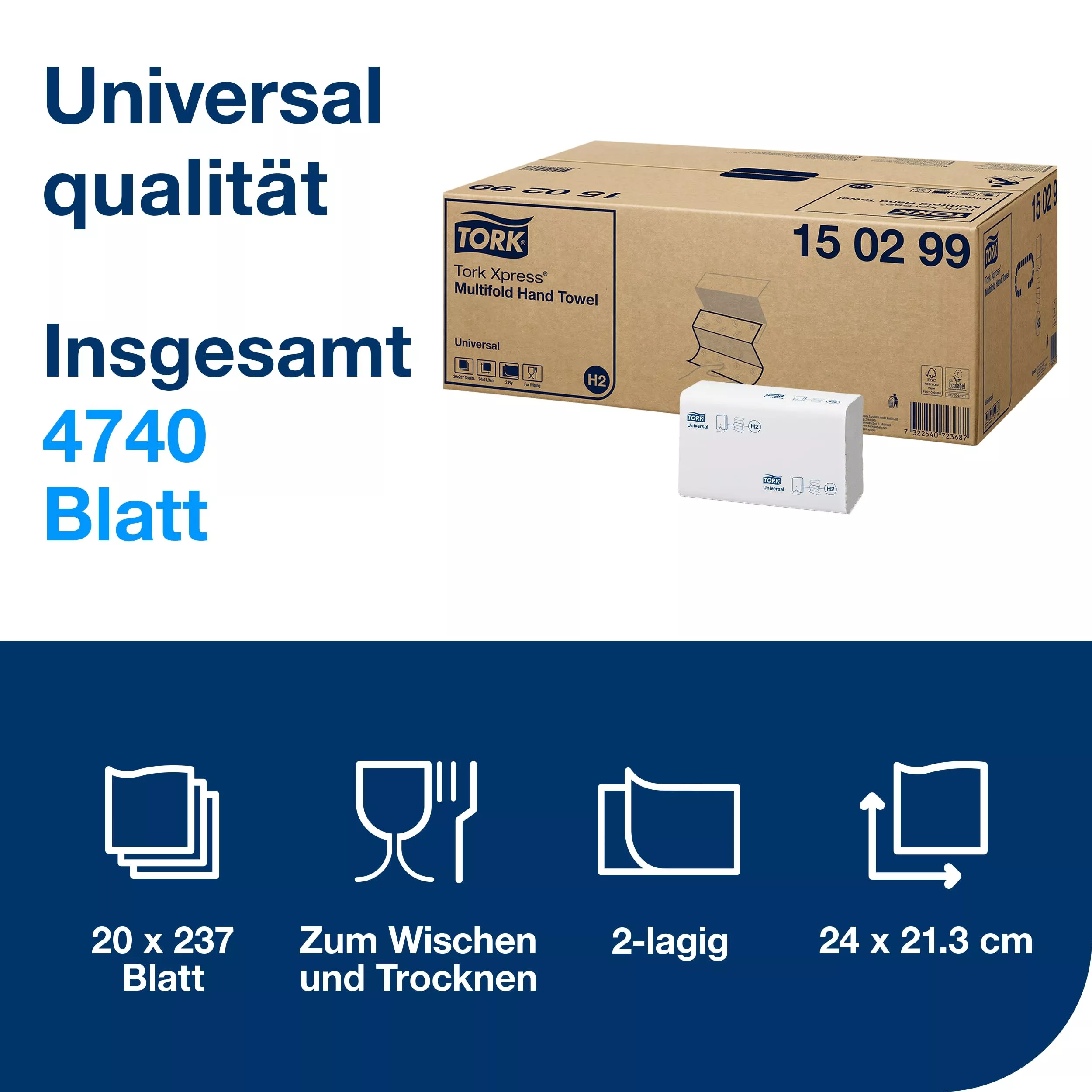 Tork Xpress® kosteneffiziente Multifold-Handtücher Weiß H2, Universal-Qualität, 2-lagig, Zickzackfalz, 100 % recycelte Fasern, 20 × 237 Tücher, 150299