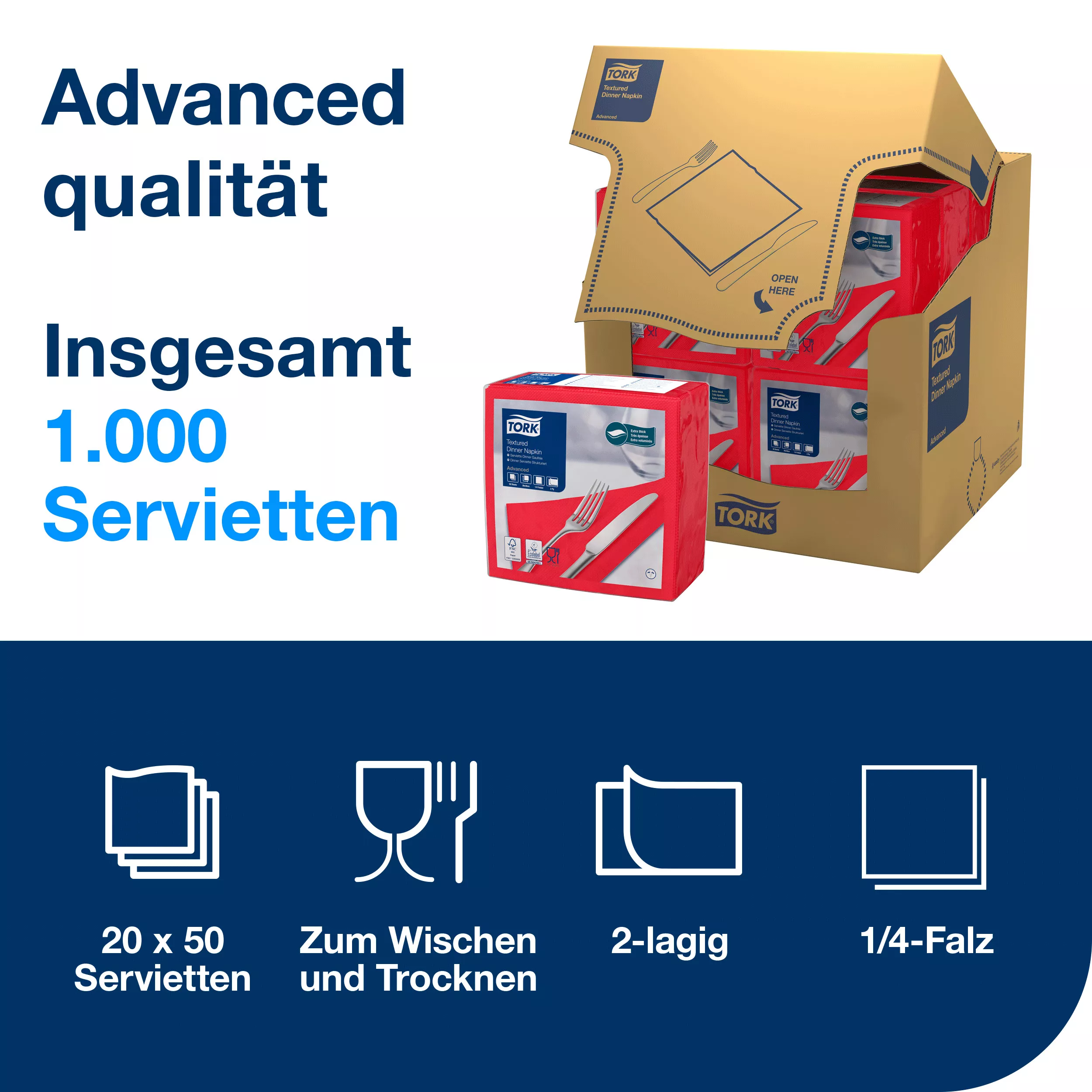 Tork Textured Dinnerservietten Rot, 1/4‑Falz, 2‑lagig, 38 cm × 39 cm, 20 × 50 Servietten, 509416