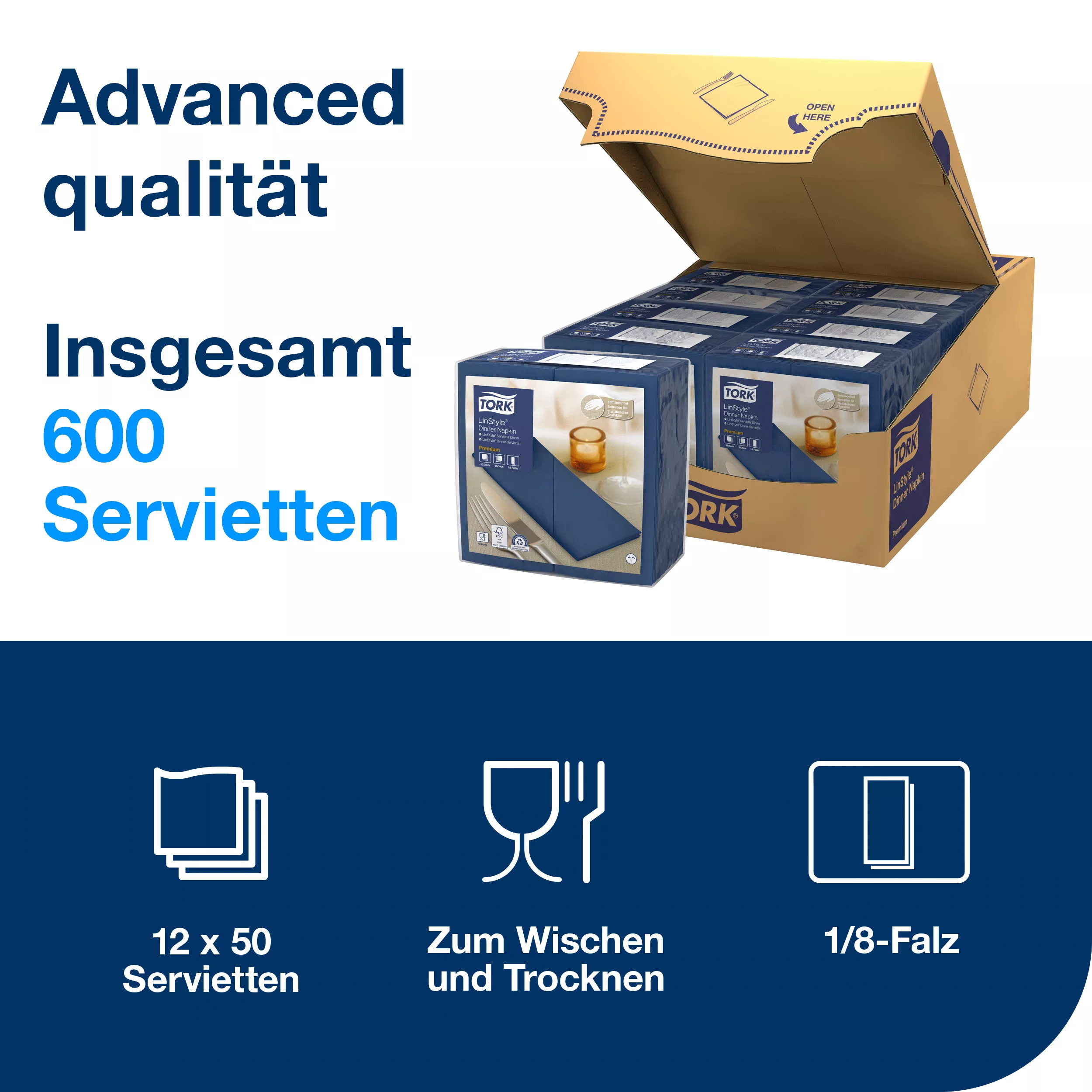 Tork LinStyle® Dinnerservietten Mitternachtsblau, 1/8‑Falz, 40 cm × 39 cm, 12 × 50 Servietten, 478166