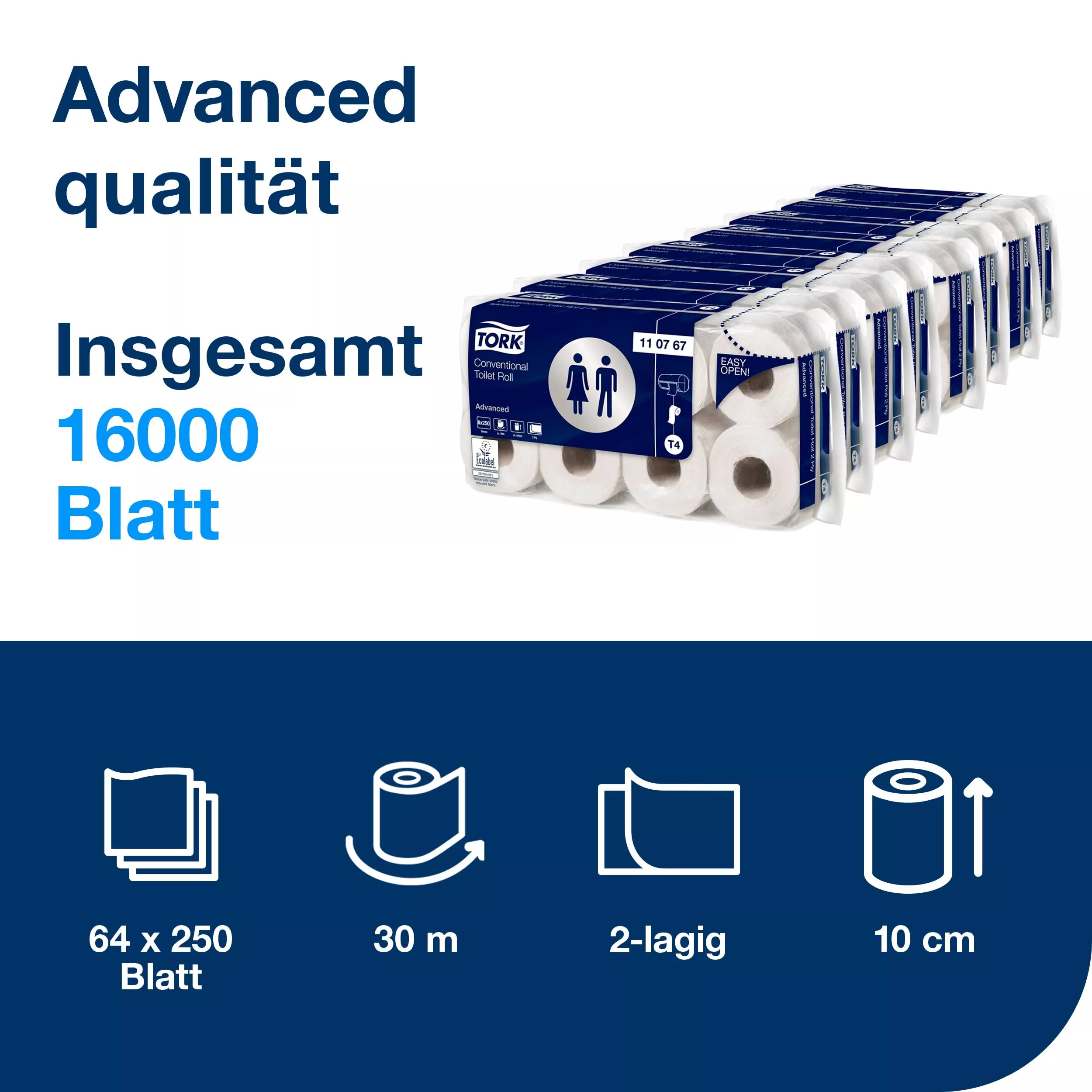 Tork Kleinrollen Toilettenpapier Weiß T4, Advanced, 2-lagig, 64 × 250 Blatt, 110767