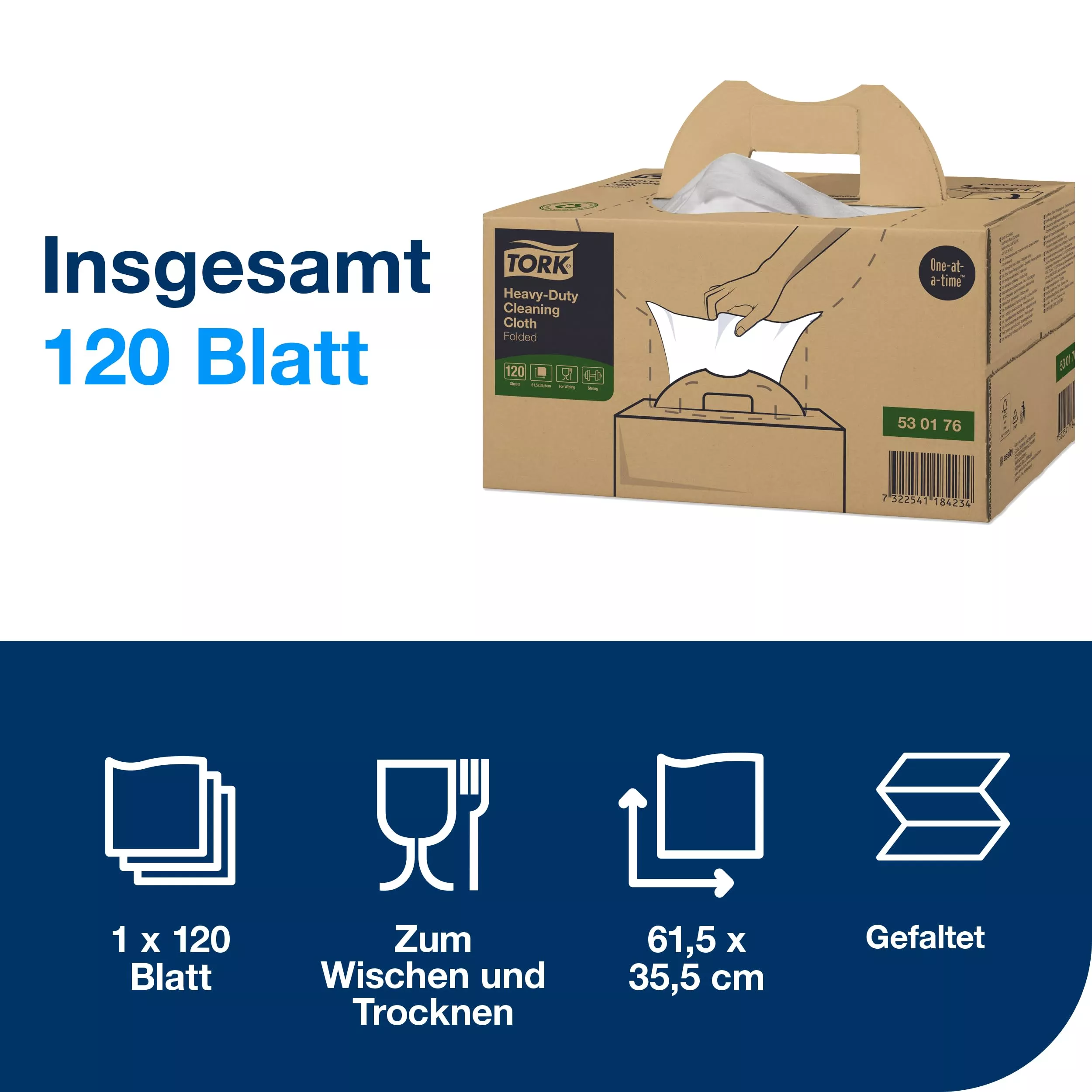 Tork Extra-Starke Reinigungstücher Weiß W7, Einzeltuchentnahme, 1 × 120 Tücher, 530176