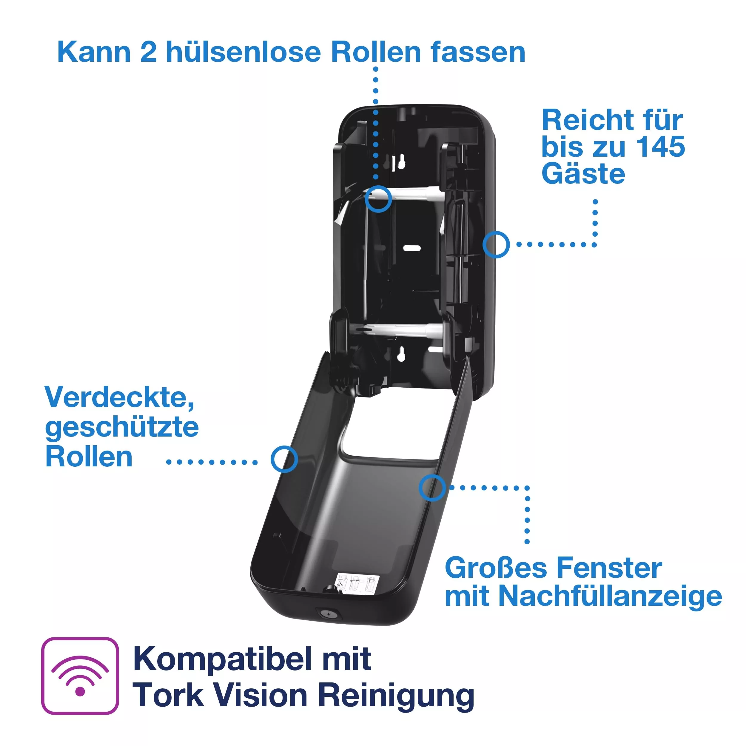 Tork OptiServe® Doppelrollenspender für Hülsenloses Toilettenpapier Schwarz T7, vertikaler Toilettenrollenspender, Elevation Design, 558042
