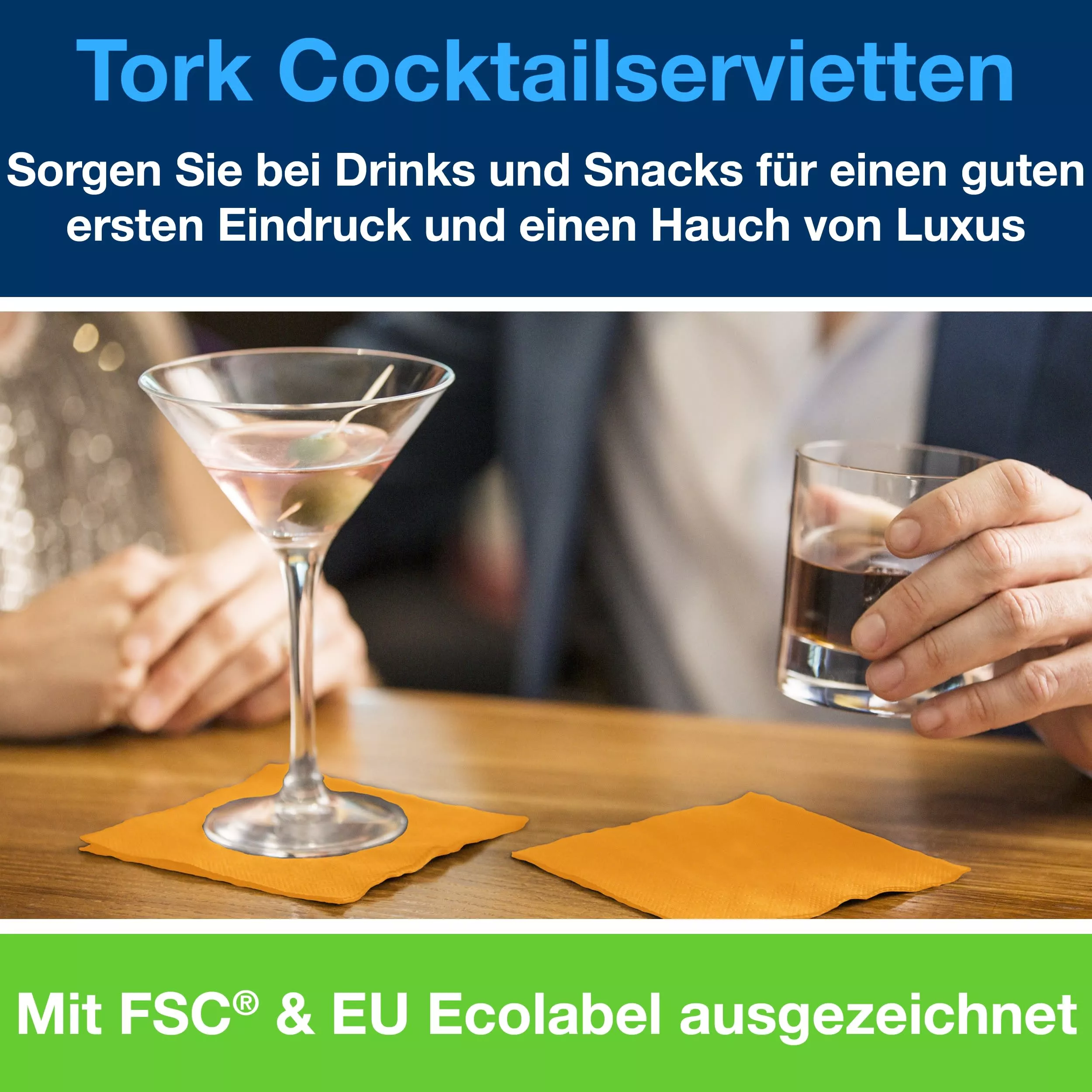 Tork Cocktailservietten Orange, 1/4-Falz, 2-lagig, 24 cm × 24 cm, 12 × 200 Servietten, 477831