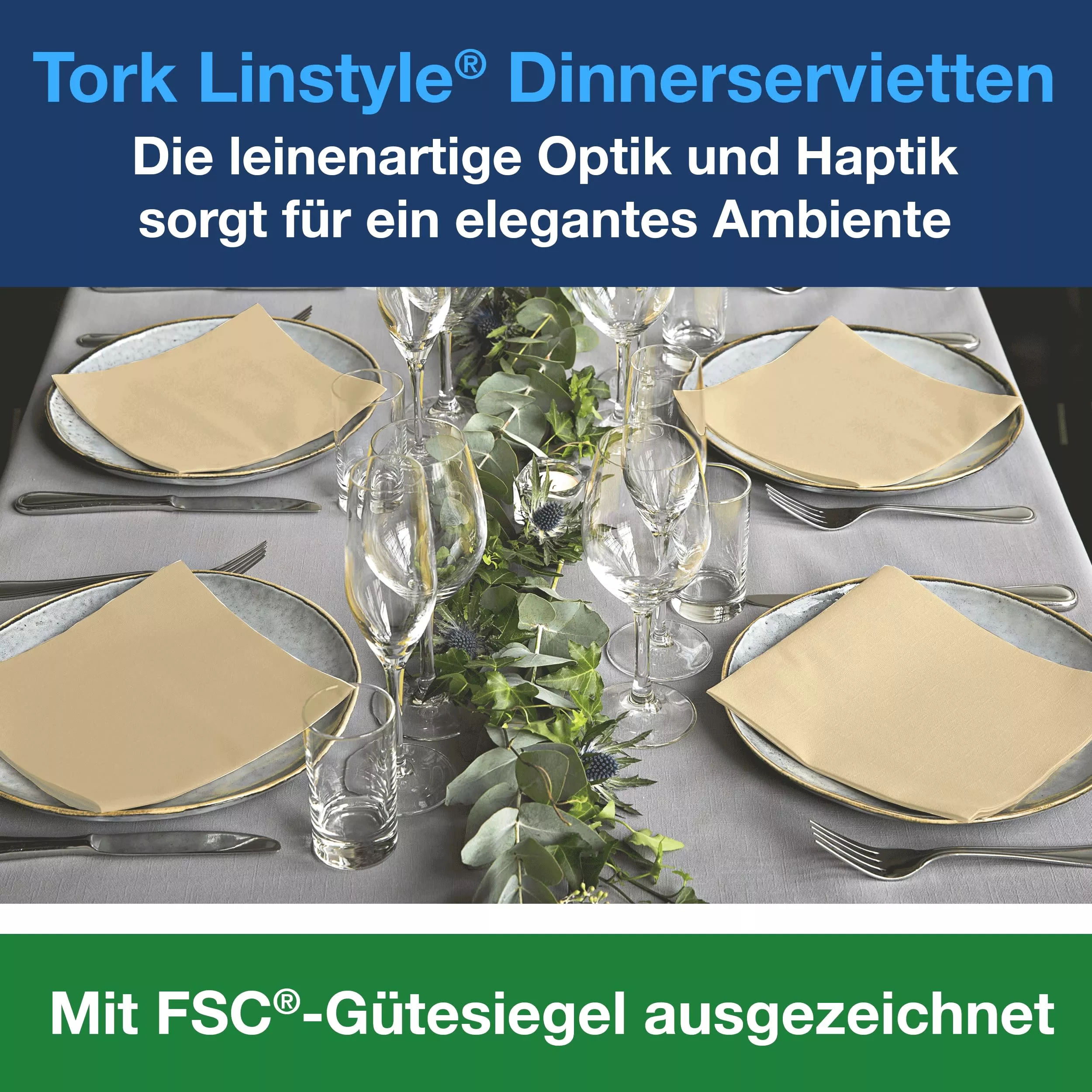 Tork LinStyle® Dinnerservietten Creme, 1/4‑Falz, 39 cm × 39 cm, 12 × 50 Servietten, 478713