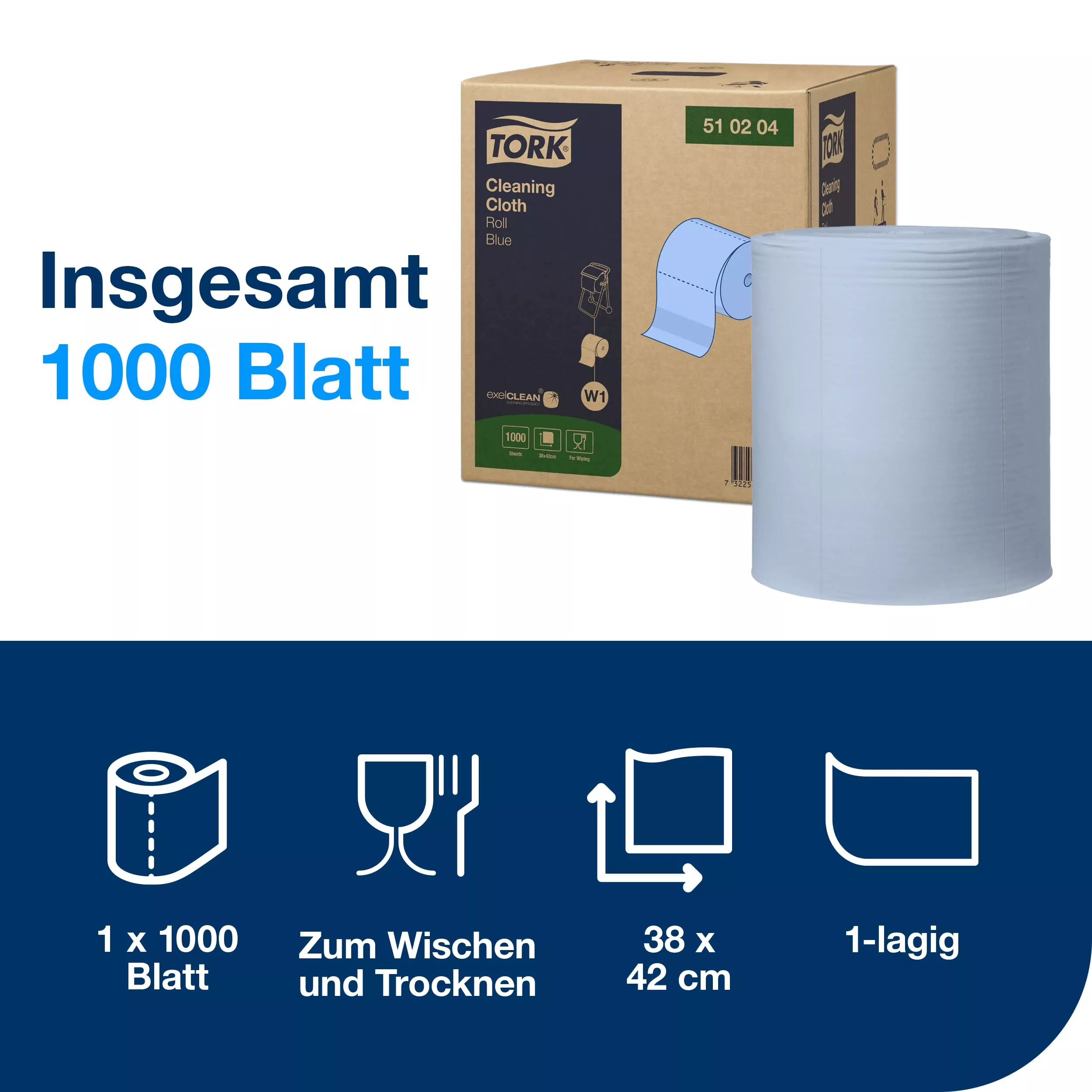 Tork Extra Starke Reinigungstücher Blau W1, Weich und Flexibel, 1 × 1.000 Tücher, 510204