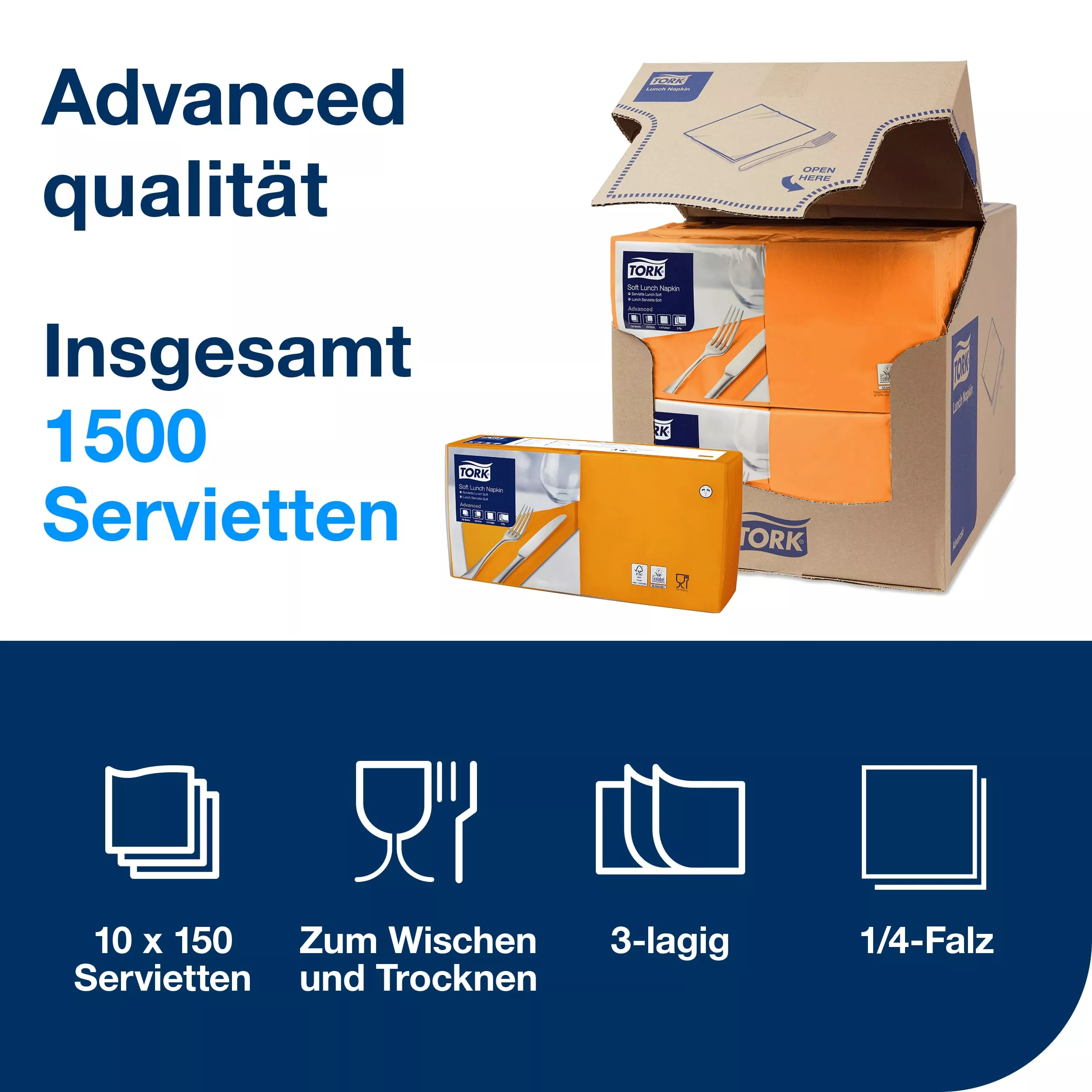 Tork Soft Lunchserviette Orange, 1/4-Falz, 3-lagig, 33 cm × 33 cm, 10 × 150 Servietten, 477870
