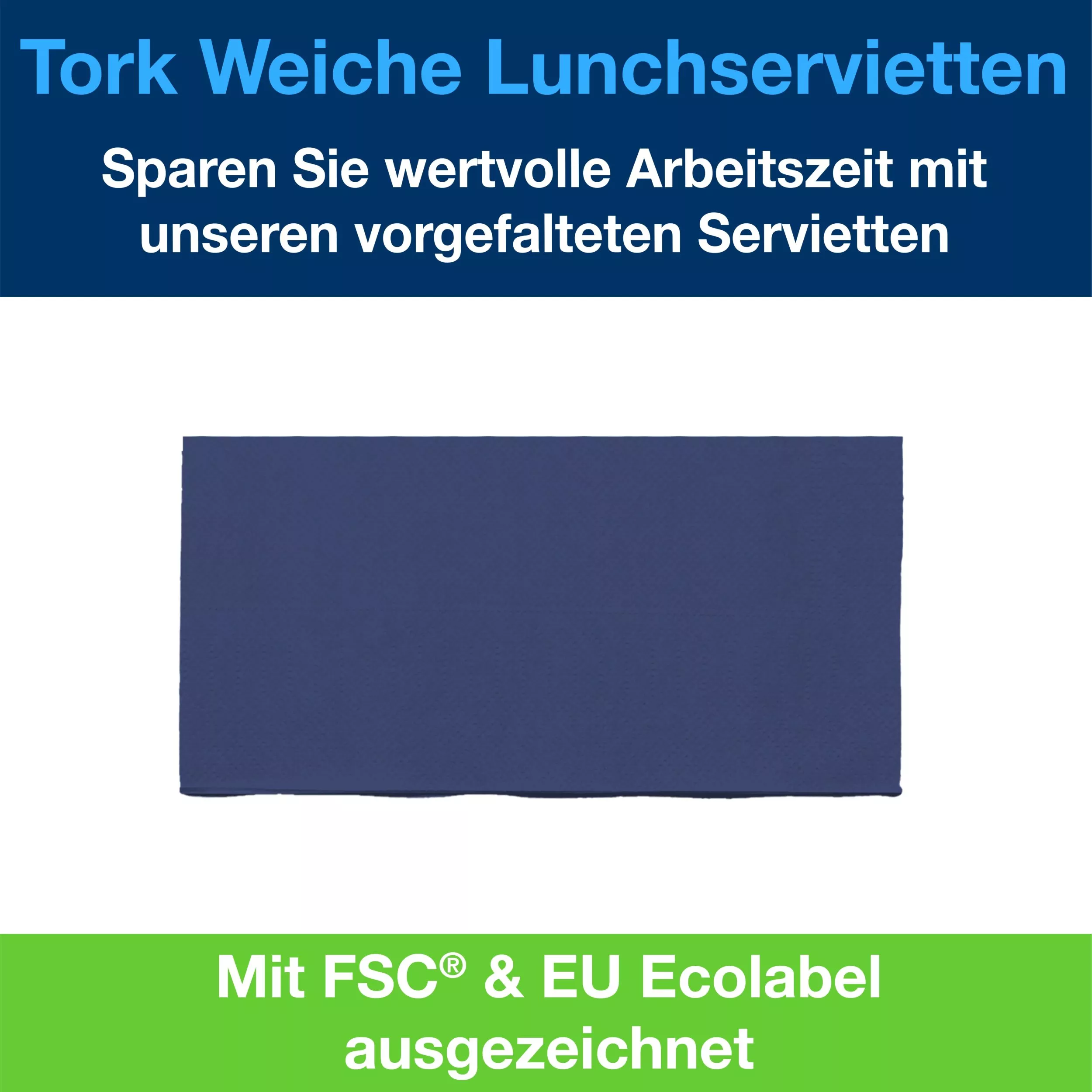 Tork Soft Lunchserviette Dunkelblau, 1/8-Falz, 3-lagig, 33 cm × 33 cm, 10 × 150 Servietten, 477419