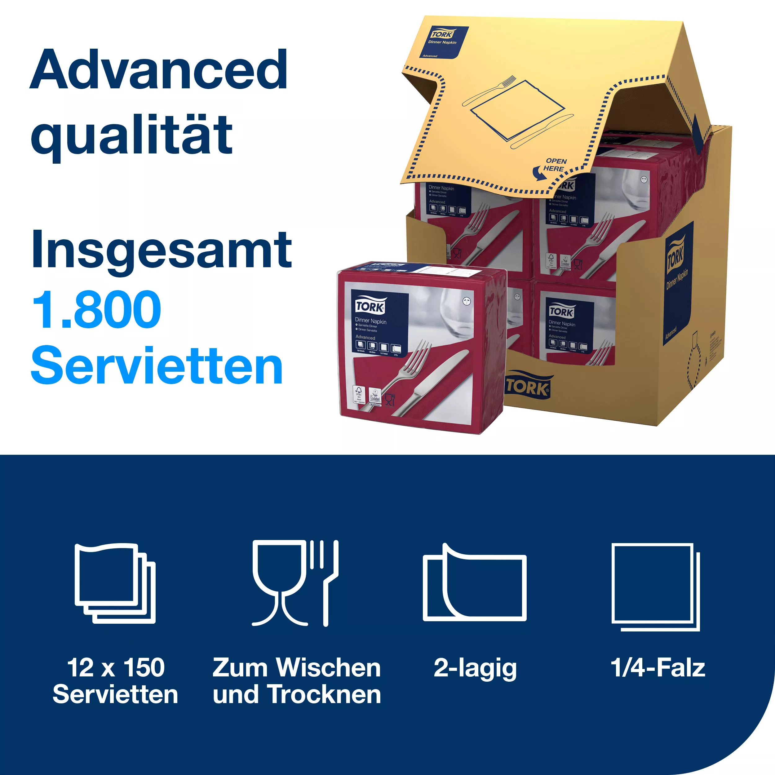 Tork Dinnerservietten Bordeauxrot, 1/4-Falz, 2‑lagig, 40 cm × 39 cm, 12 × 150 Servietten, 478875