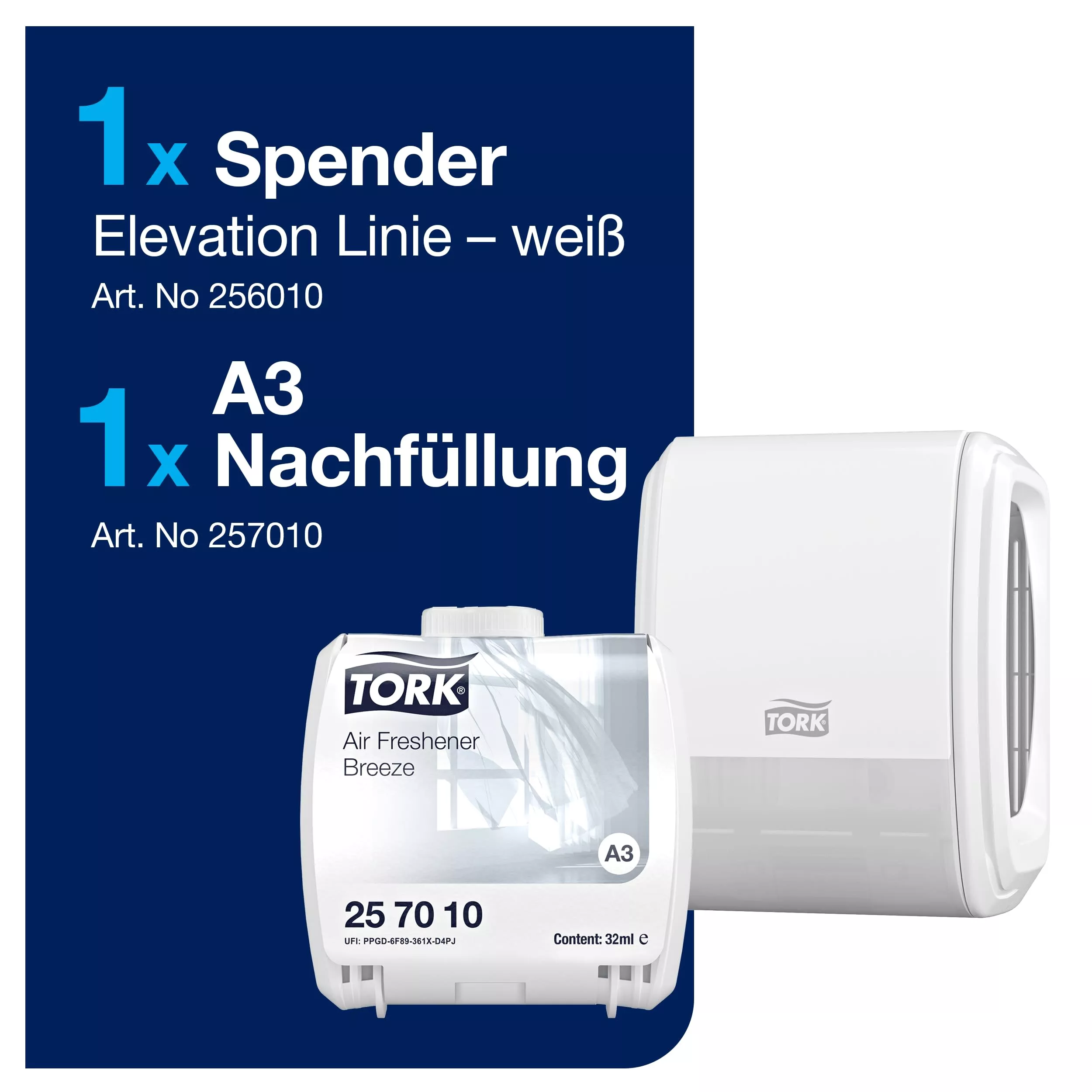 Tork Starter Pack für kontinuierlichen Lufterfrischer Weiß A3, Elevation Design, Spender und Nachfüllmaterial Frühlingsbrise, 976000