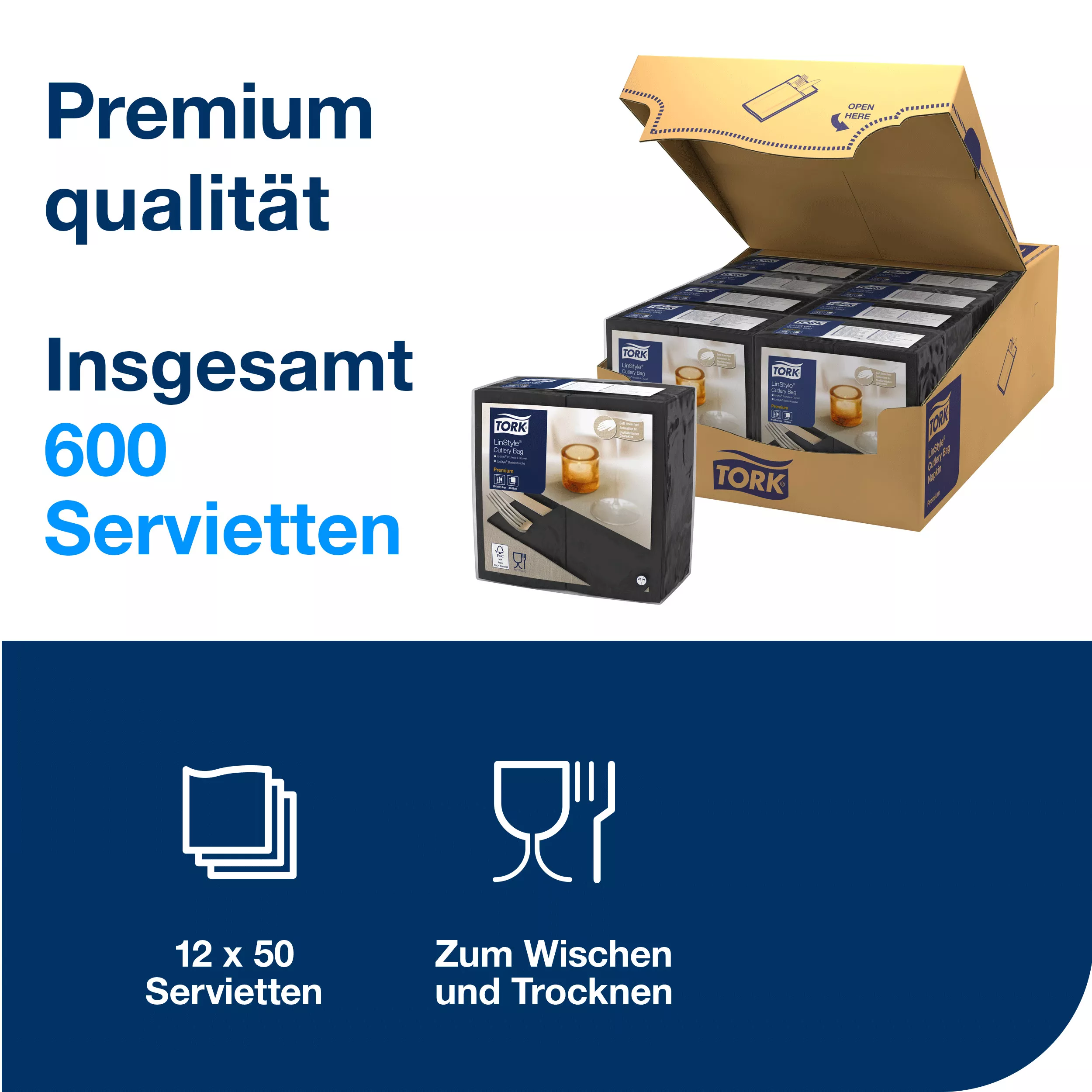 Tork LinStyle® Bestecktaschen Schwarz, strapazierfähig, 39 cm × 39 cm, 12 × 50 Servietten, 509606