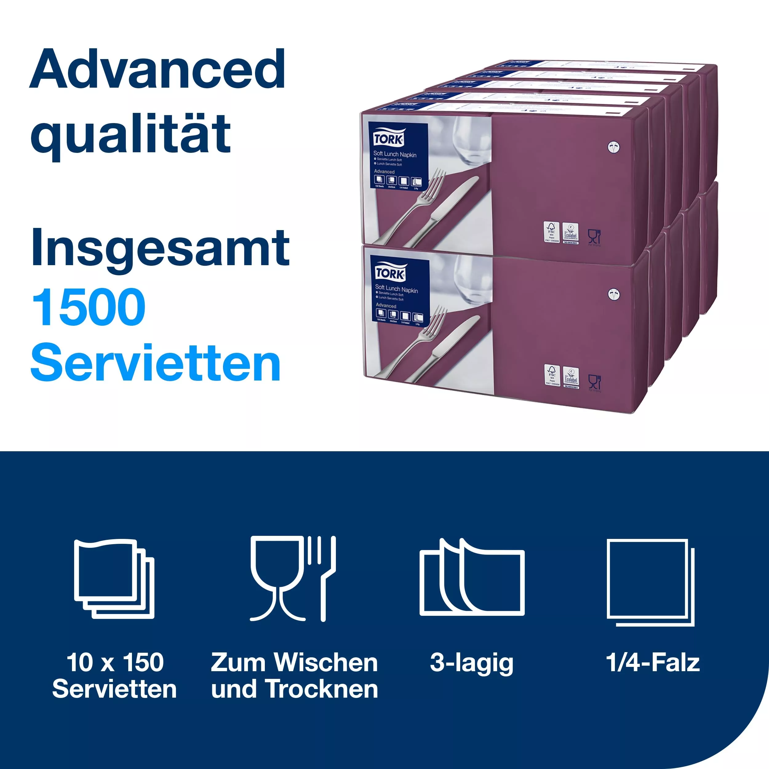 Tork Soft Lunchservietten Violett, 1/4-Falz, 3-lagig, 33 cm × 33 cm, 10 × 150 Servietten, 477865