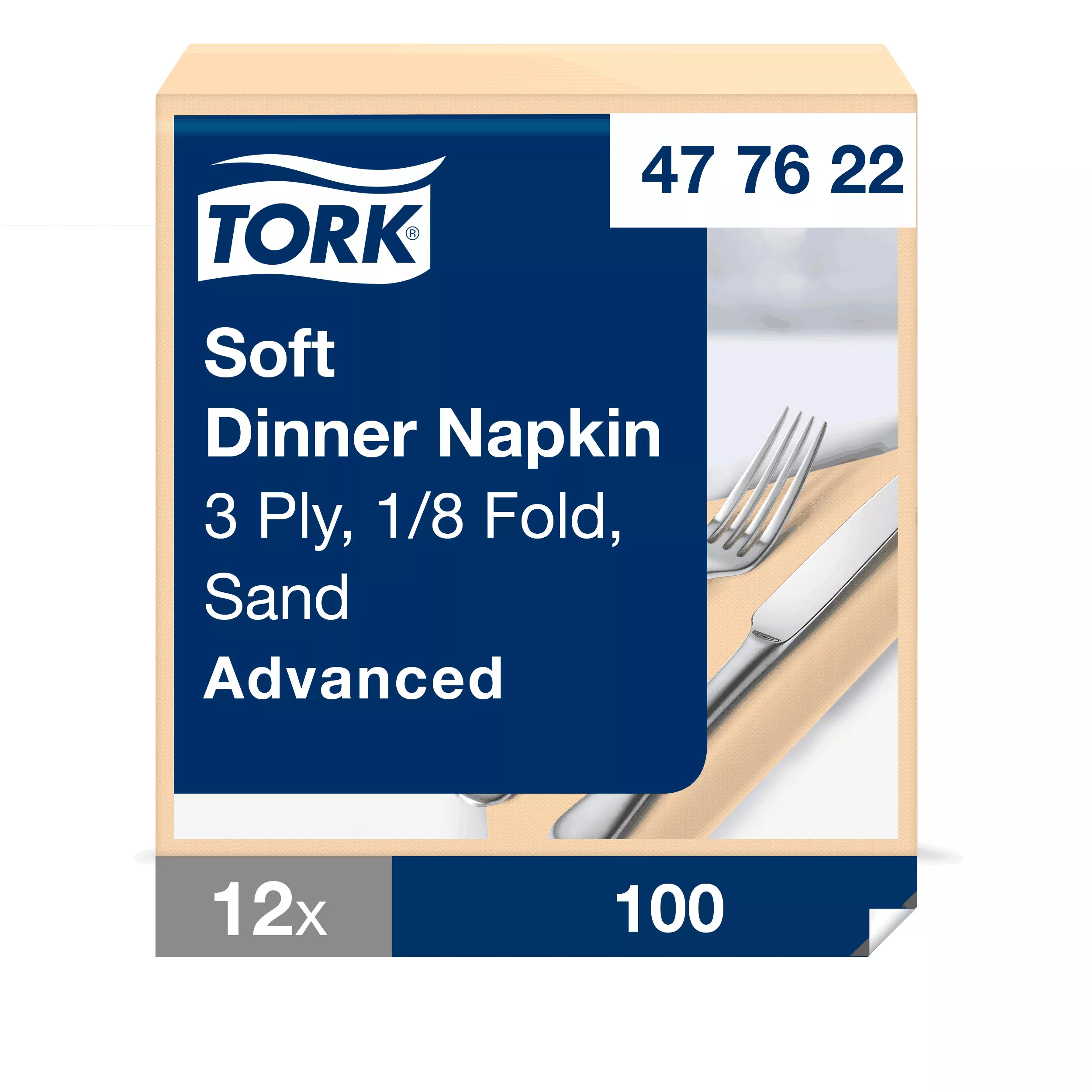 Tork Soft Dinnerservietten Sand, 1/8‑Falz, 3‑lagig, 39 cm × 39 cm, 12 × 100 Servietten, 477622