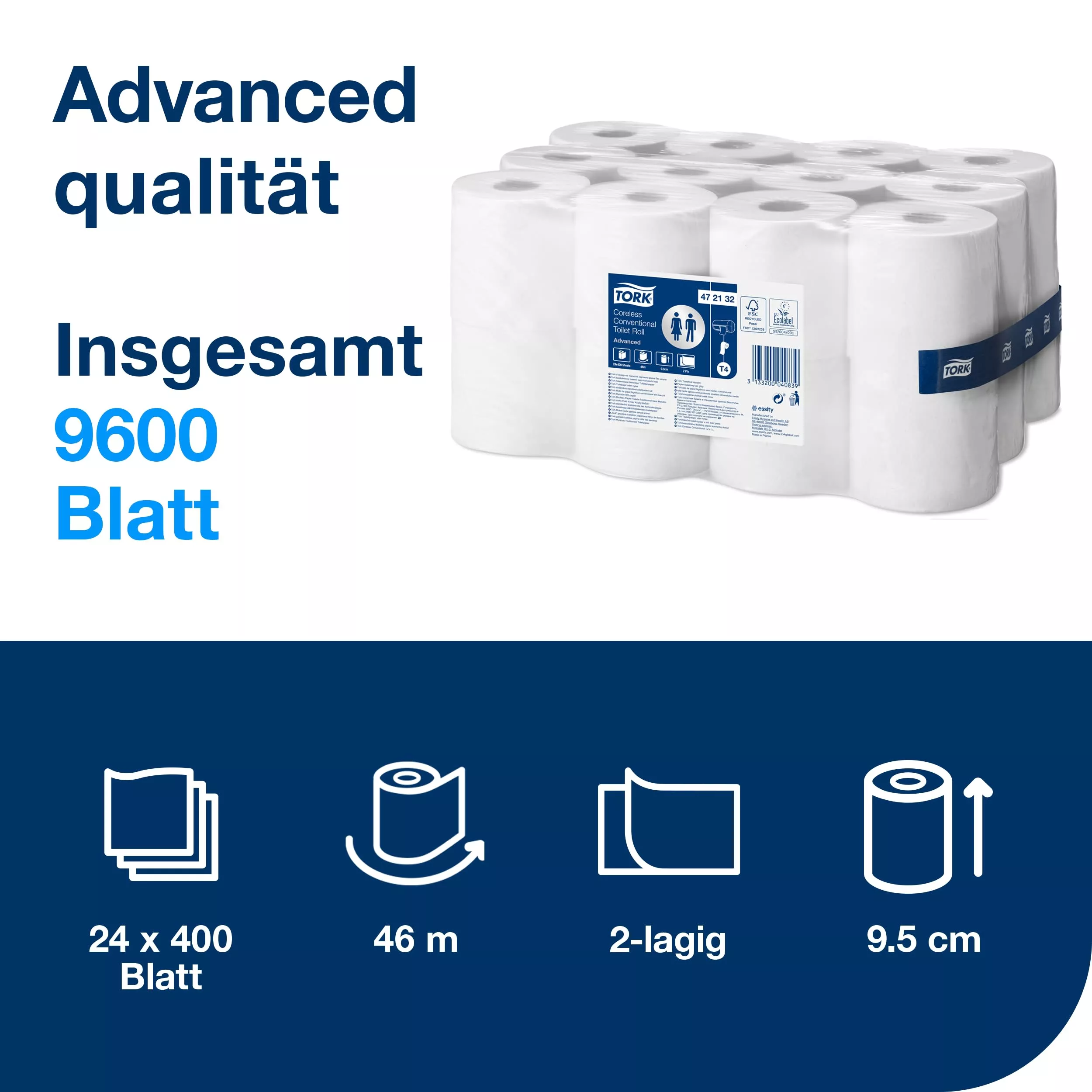 Tork hülsenloses Kleinrollen-Toilettenpapier Weiß T4, Advanced, 2‑lagig, 24 × 400 Blatt, 472132