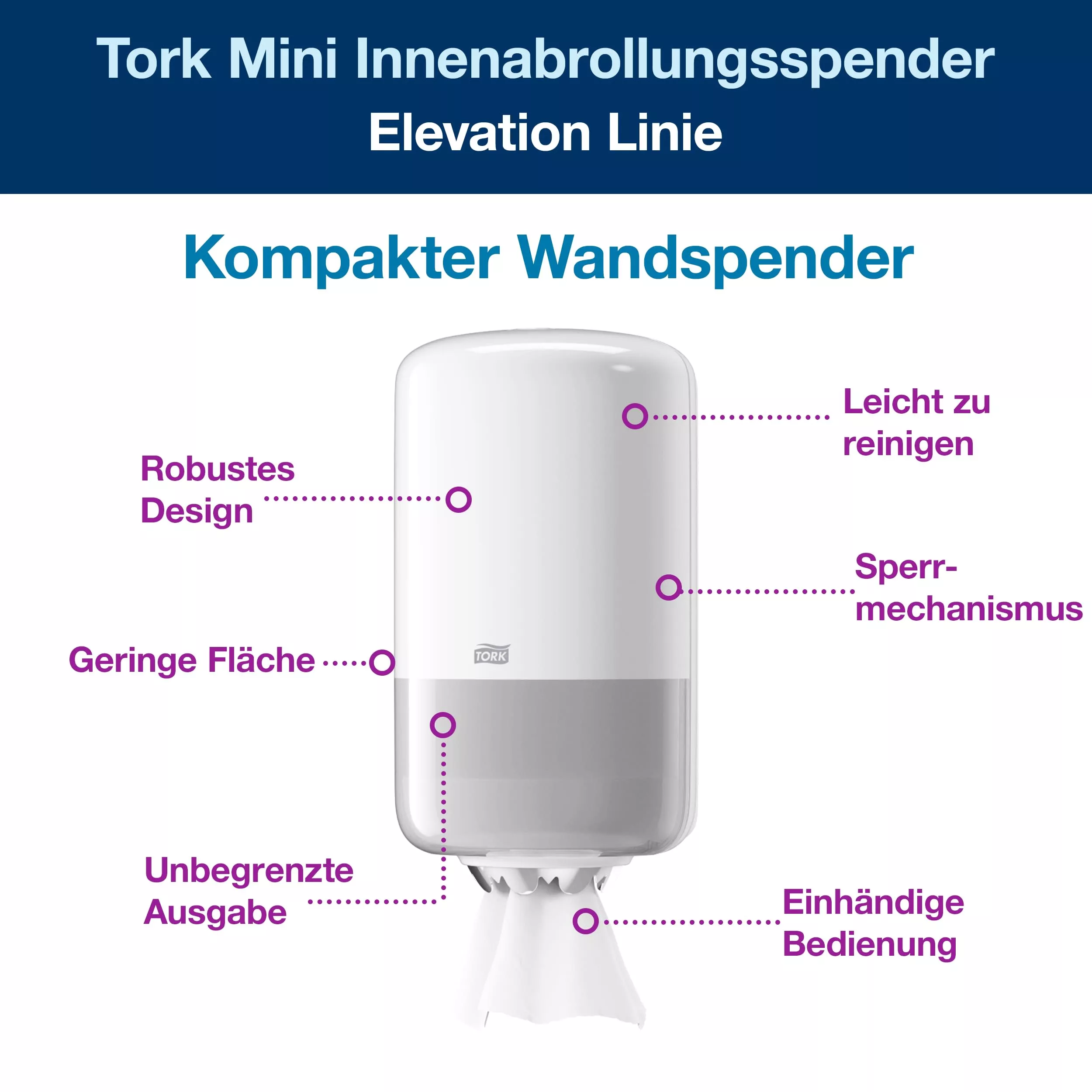 Tork Mini Innenabrollungsspender Weiß M1, Robustes Design, Elevation Linie, 558000