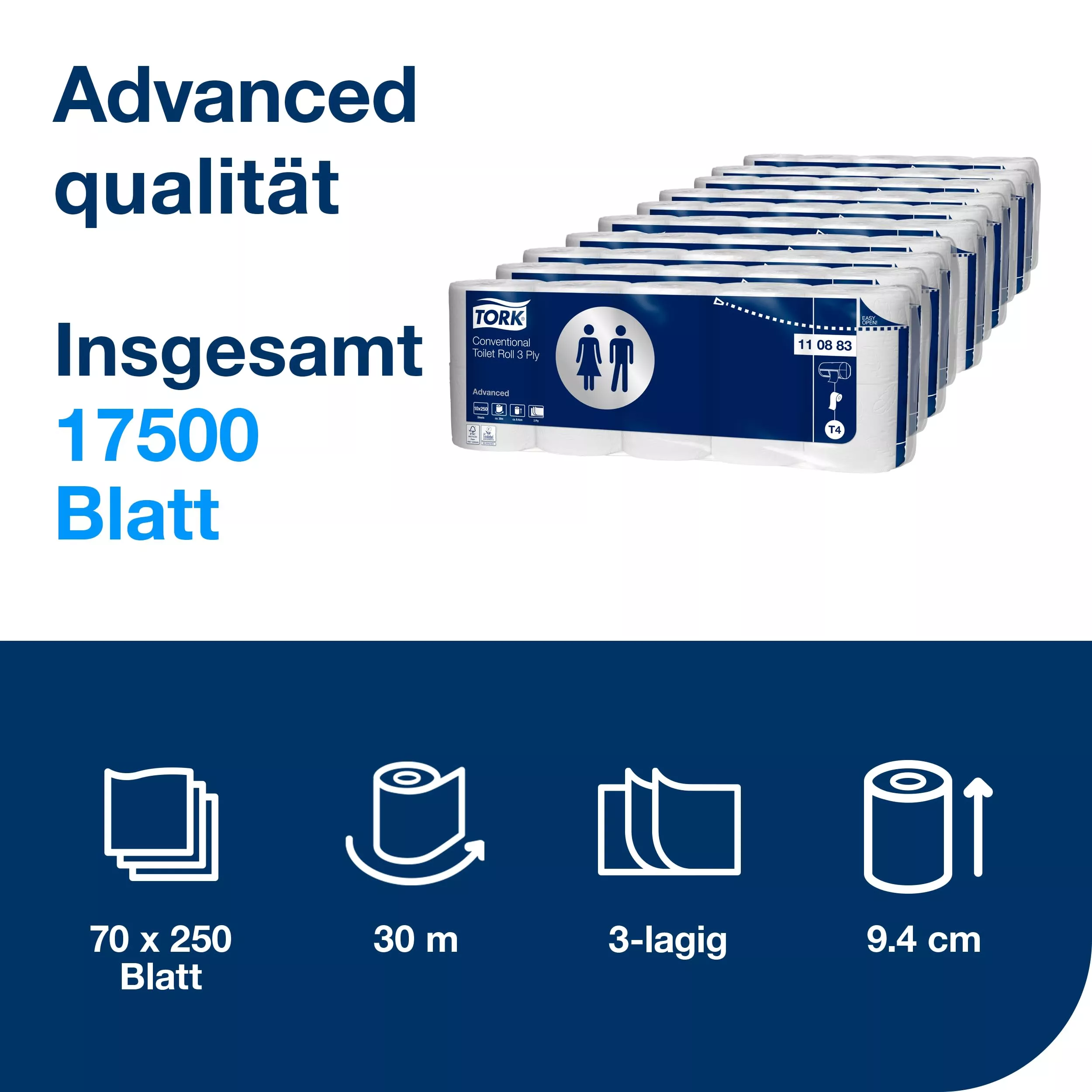 Tork Kleinrollen Toilettenpapier Weiß T4, Advanced, 3-lagig, 70 × 250 Blatt, 110883