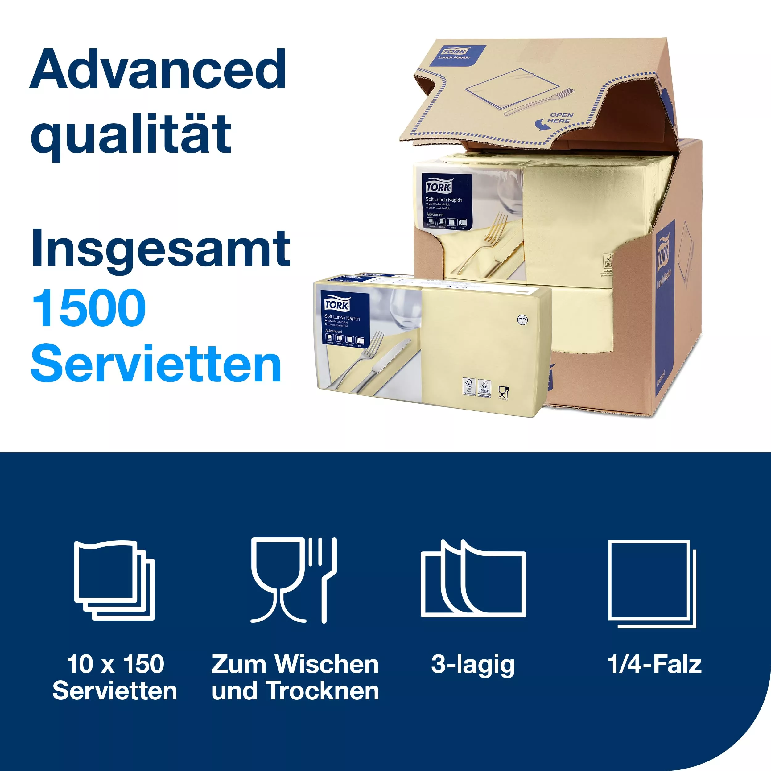 Tork Soft Lunchservietten Champagner, 1/4-Falz, 3-lagig, 33 cm × 33 cm, 10 × 150 Servietten, 477868
