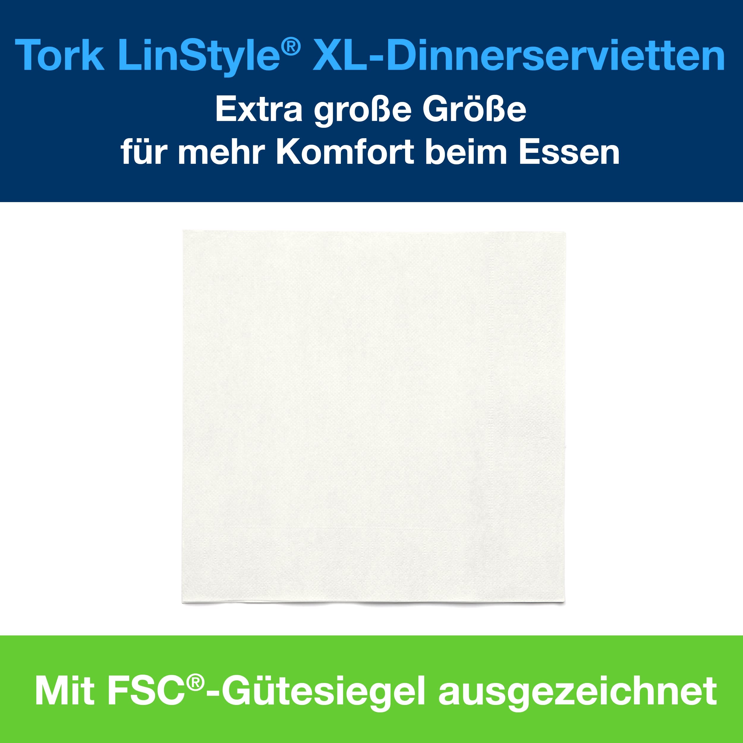 Tork LinStyle® XL-Dinnerservietten Weiß, 1/4‑Falz, 48 cm × 48 cm, 12 × 25 Servietten, 478883