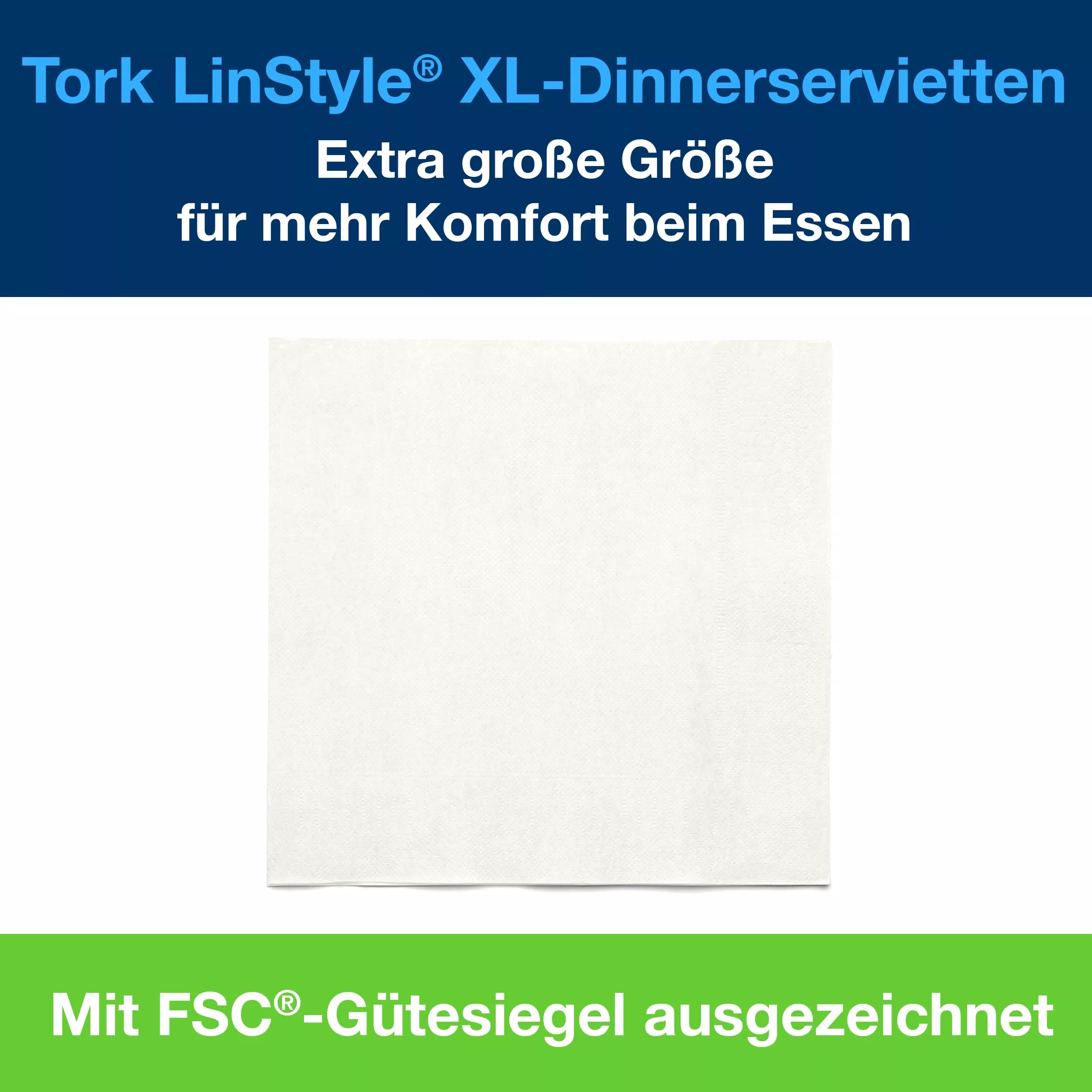 Tork LinStyle® XL-Dinnerservietten Weiß, 1/4‑Falz, 48 cm × 48 cm, 12 × 25 Servietten, 478883