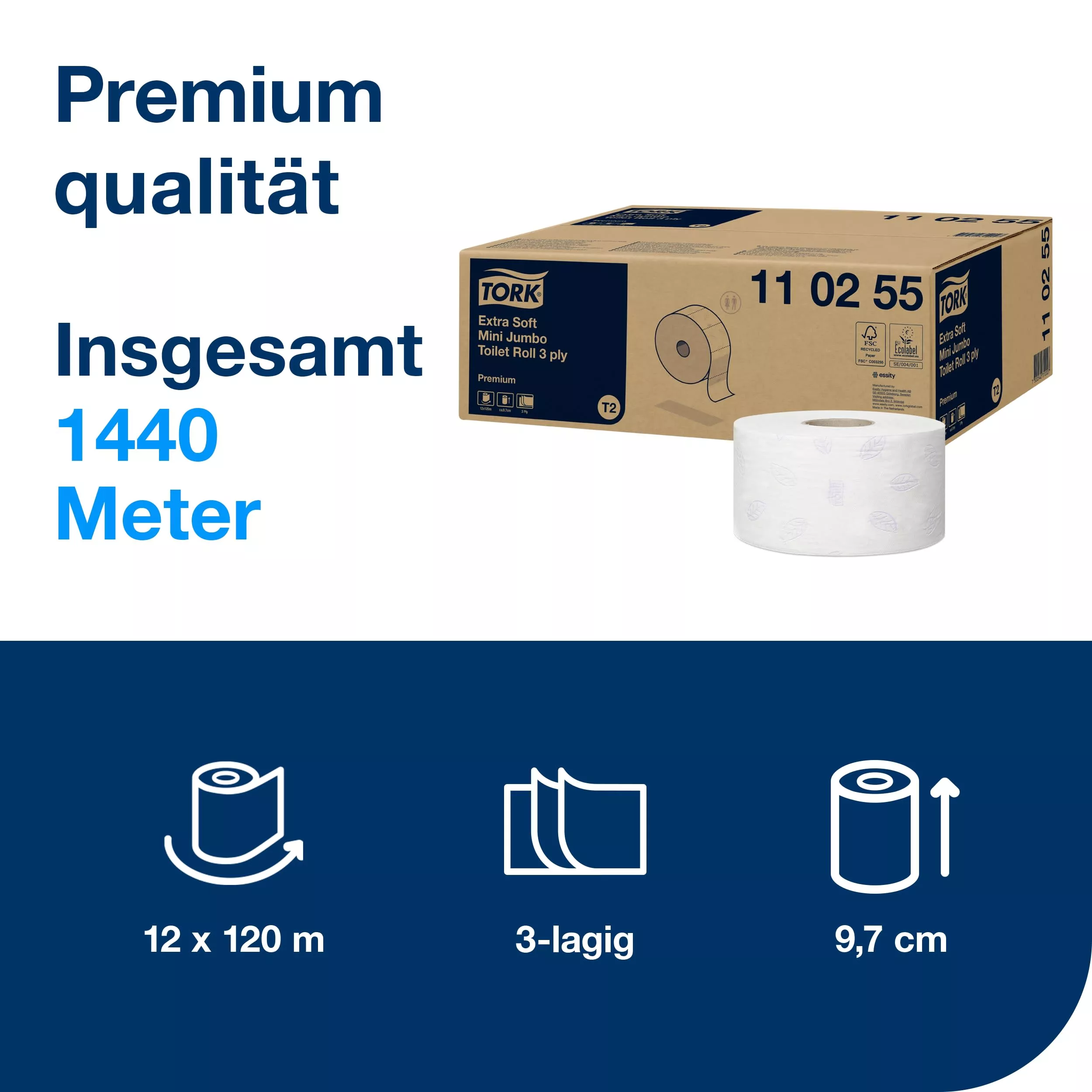 Tork extra weiches Mini Jumbo Toilettenpapier Weiß T2, Premium, 3-lagig, 12 × 120 Meter, 110255
