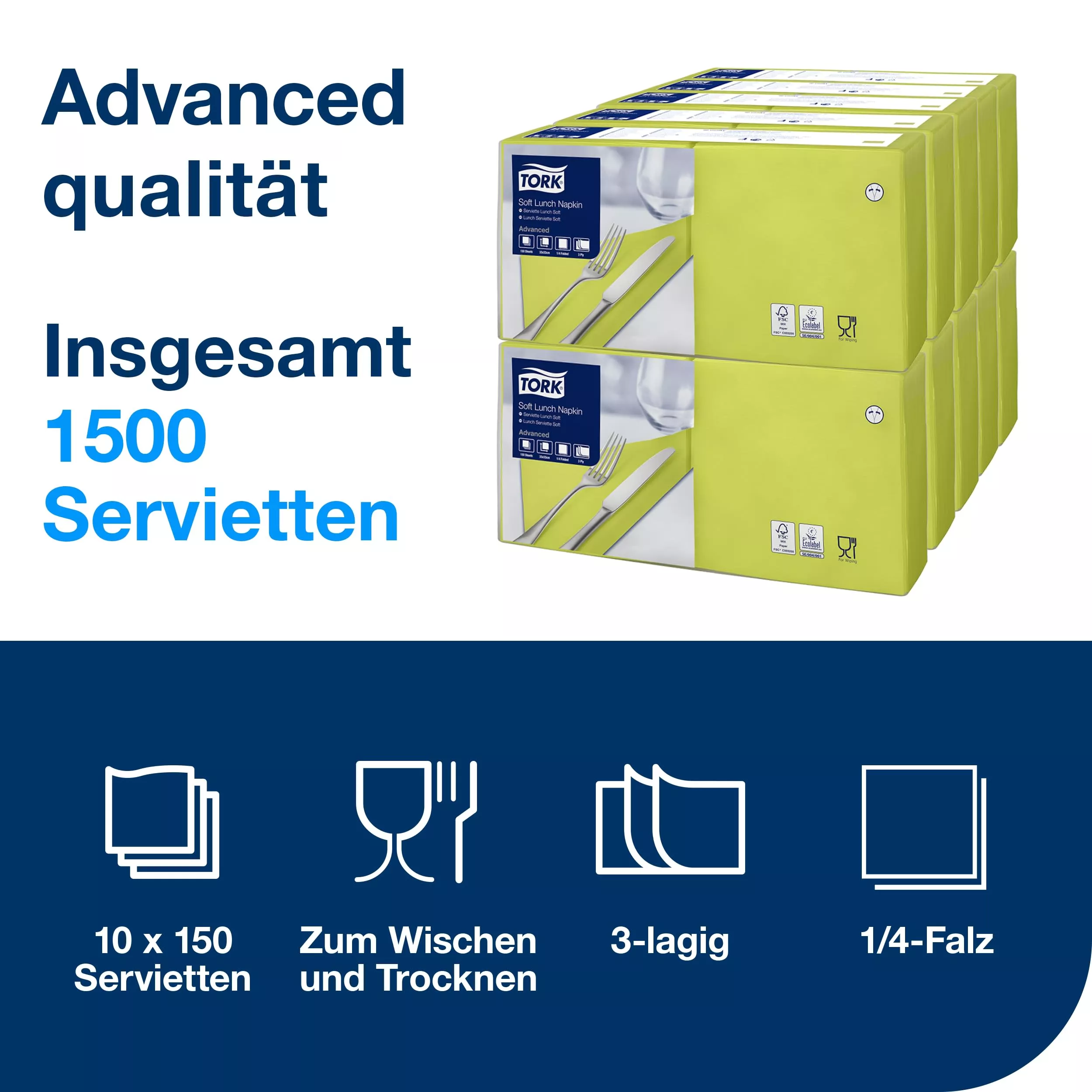 Tork Soft Lunchservietten Limone, 1/4-Falz, 3-lagig, 33 cm × 33 cm, 10 × 150 Servietten, 477860