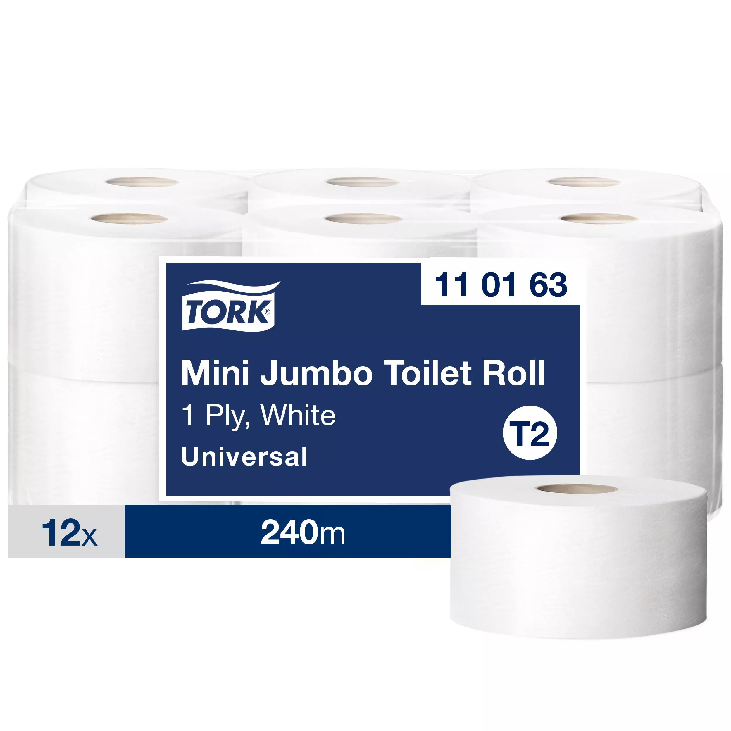Tork Mini Jumbo Toilettenpapier Weiß T2, Universal, 1-lagig, 12 × 240 Meter, 110163