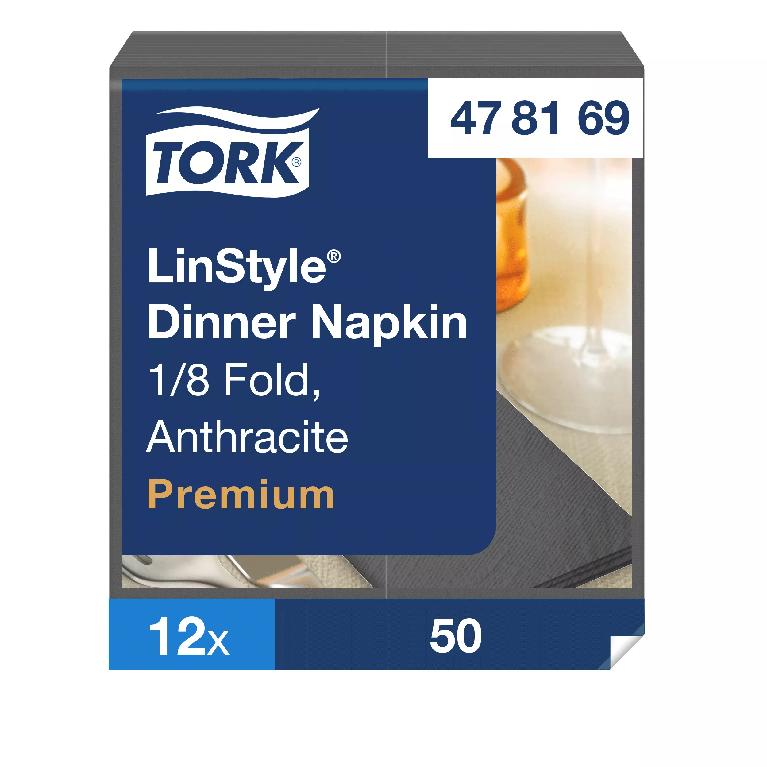 Tork LinStyle® Dinnerservietten Anthrazit, 1/8‑Falz, 40 cm × 39 cm, 12 × 50 Servietten, 478169