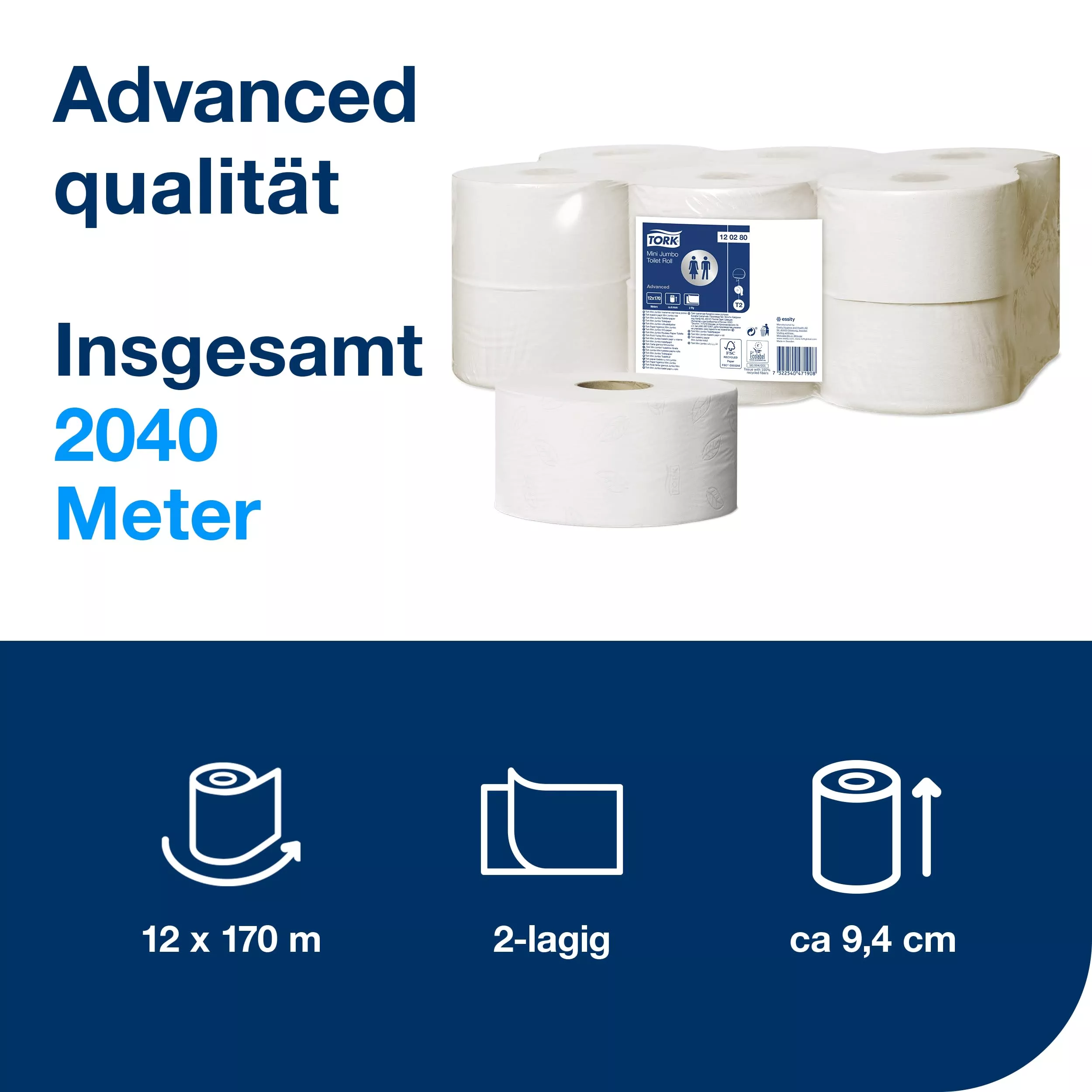 Tork Mini Jumbo Toilettenpapier Weiß T2, Advanced, 2-lagig, 12 × 170 m, 120280