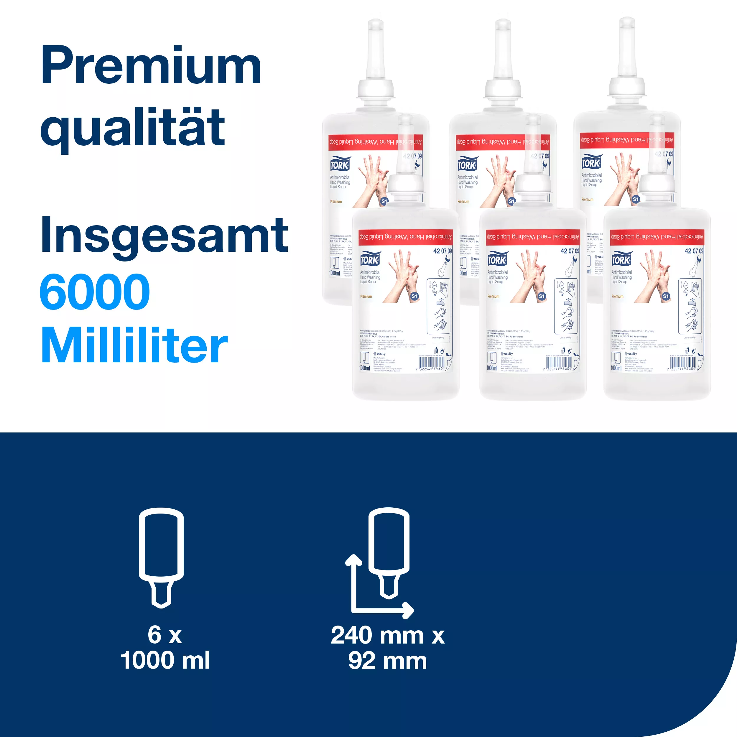 Tork antimikrobielle Flüssigseife zur Händedekontamination S1, dermatologisch getestet, 6 × 1.000 ml, 420709