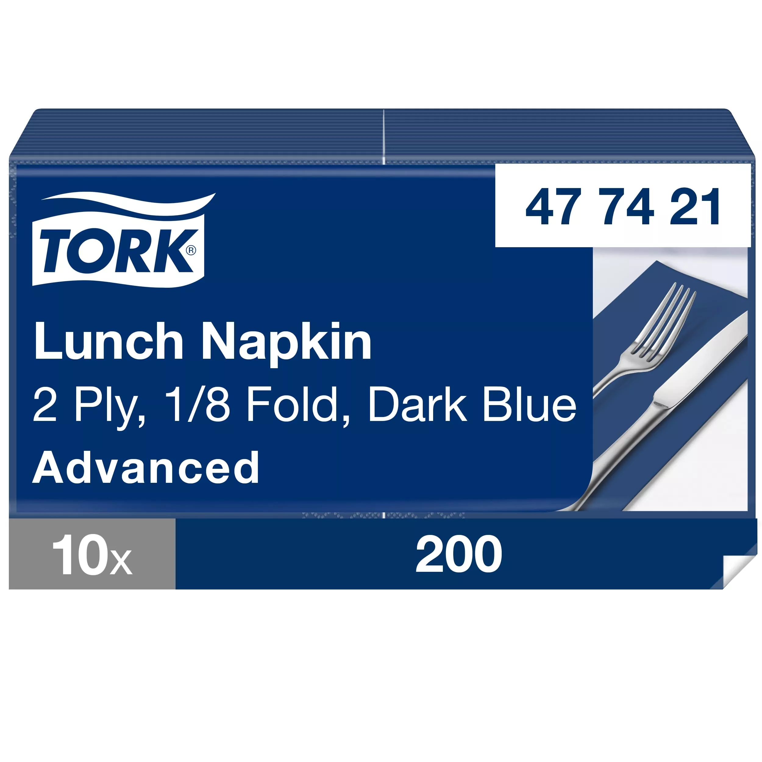 Tork Lunchserviette Dunkelblau, 1/8-Falz, 2-lagig, 33 cm × 33 cm, 10 × 200 Servietten, 477421