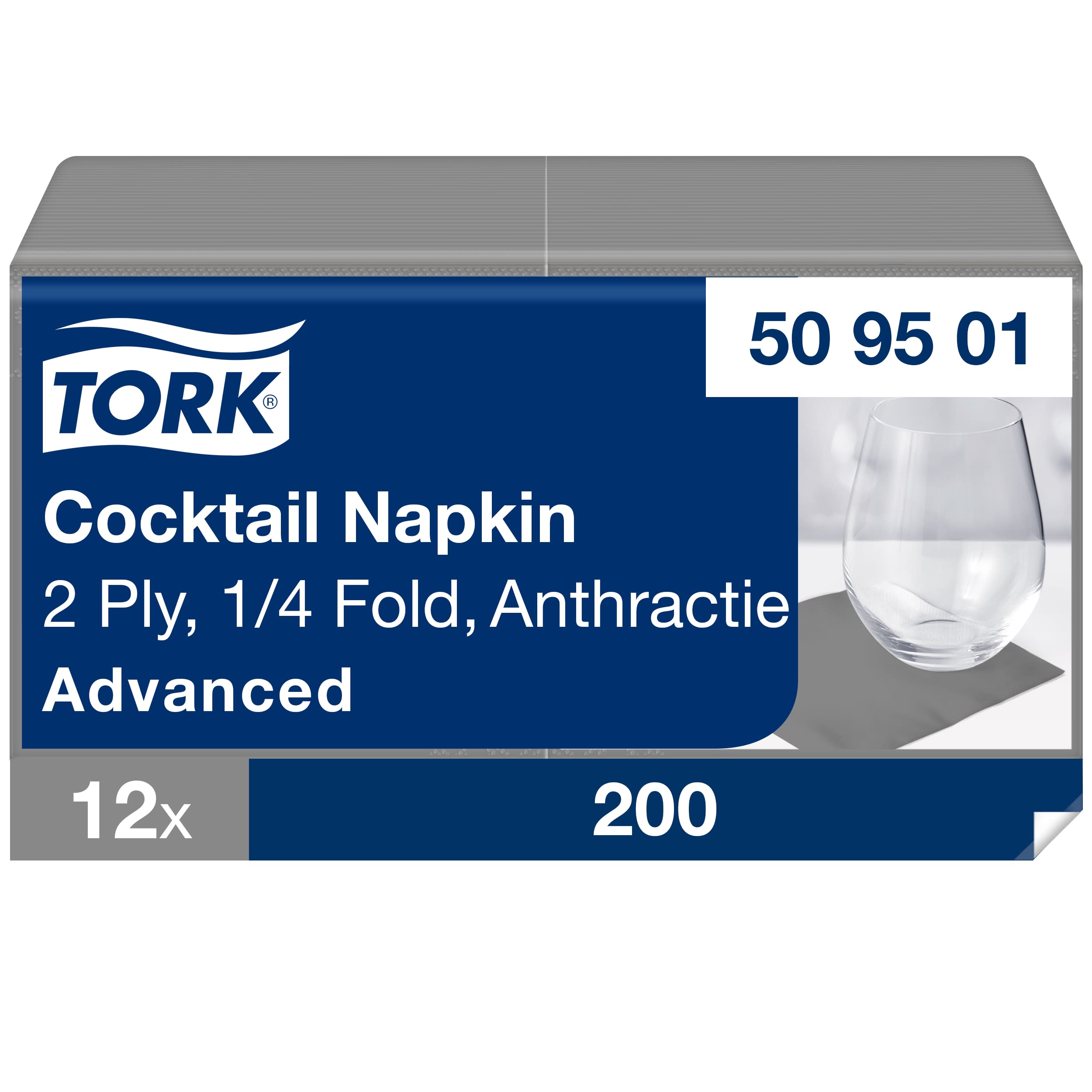 Tork Cocktailservietten Anthrazit, 1/4-Falz, 2-lagig, 24 cm × 24 cm, 12 × 200 Servietten, 509501