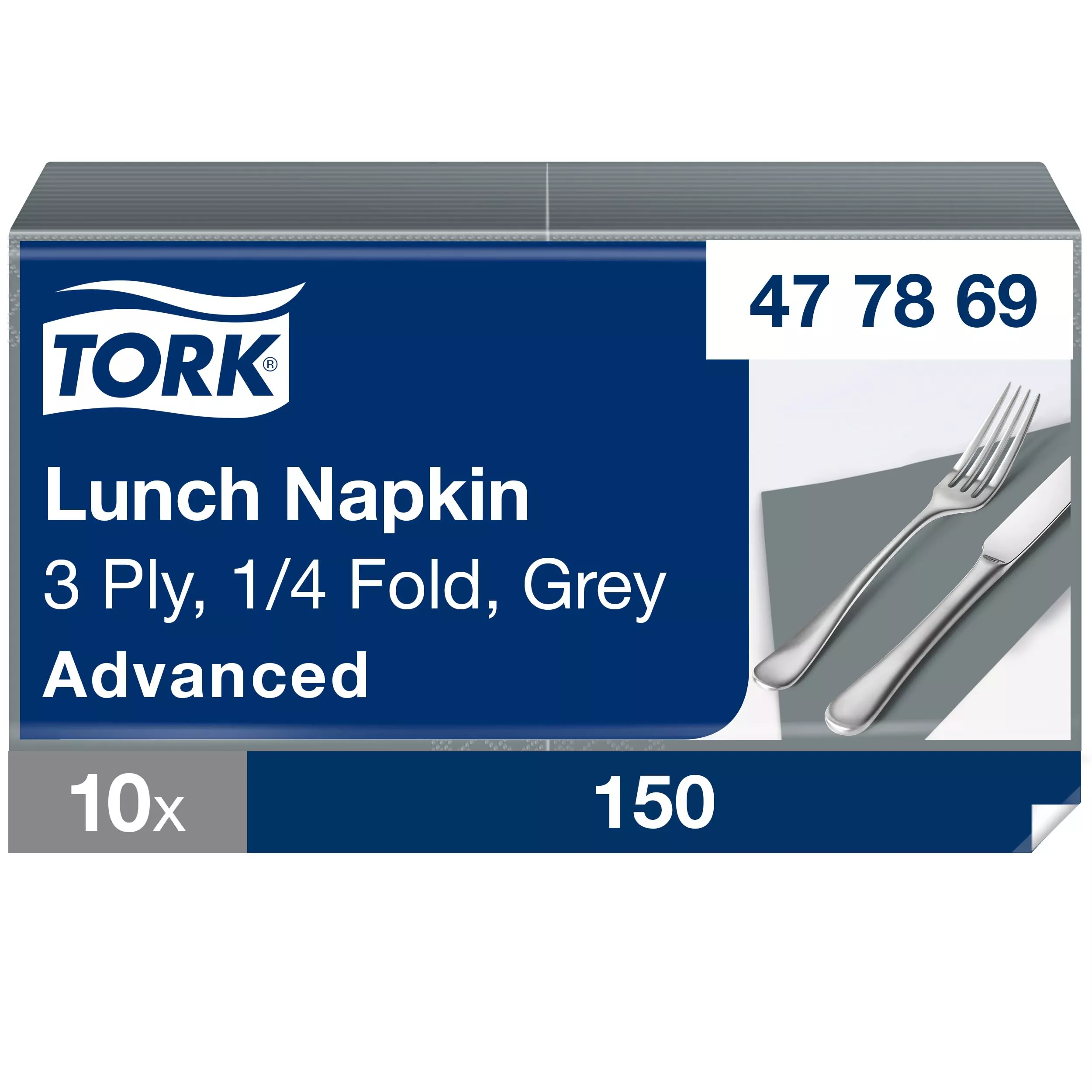Tork Soft Lunchservietten Grau, 1/4-Falz, 3-lagig, 33 cm × 33 cm, 10 × 150 Servietten, 477869