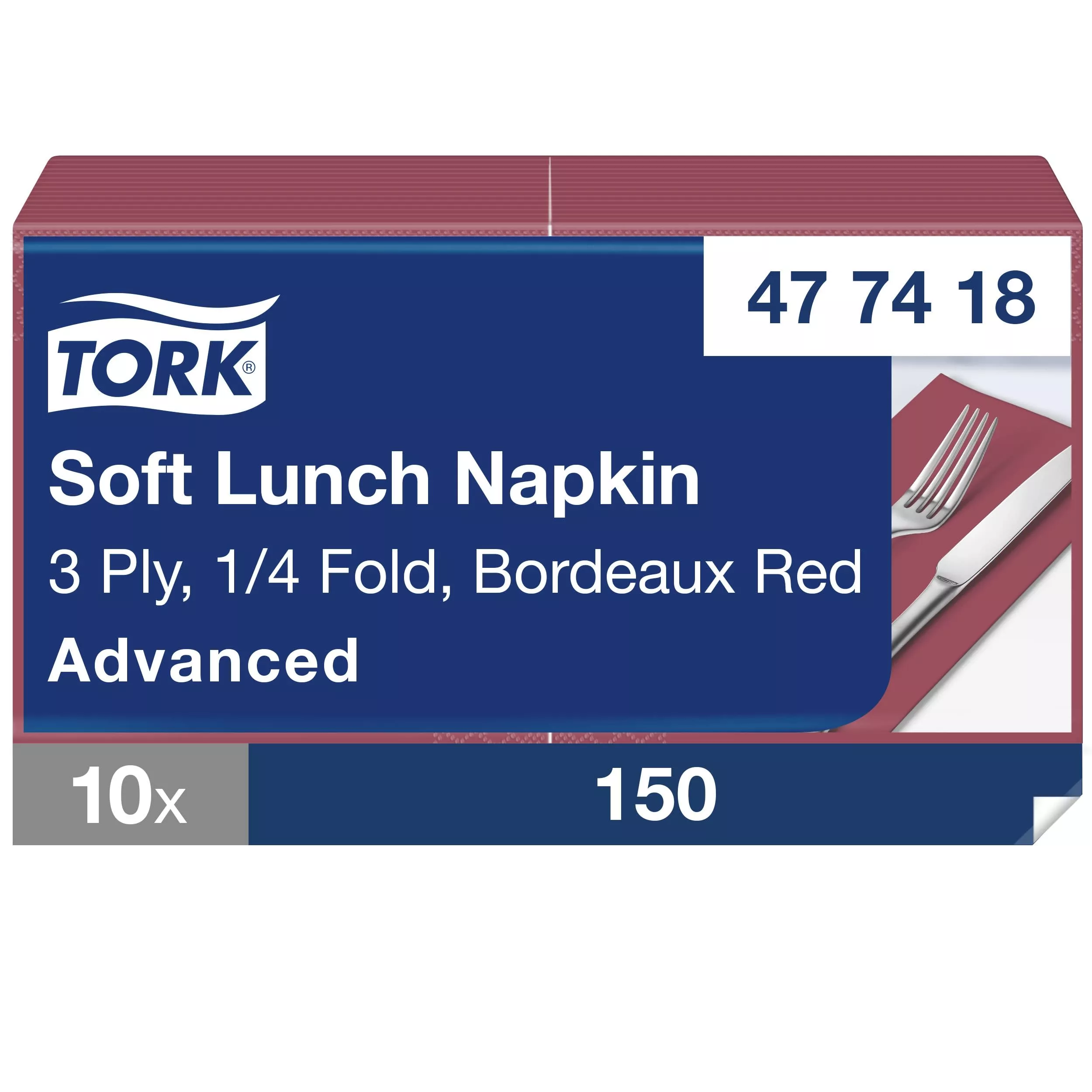Tork Soft Lunchserviette Bordeauxrot, 1/8-Falz, 3-lagig, 33 cm × 33 cm, 10 × 150 Servietten, 477418