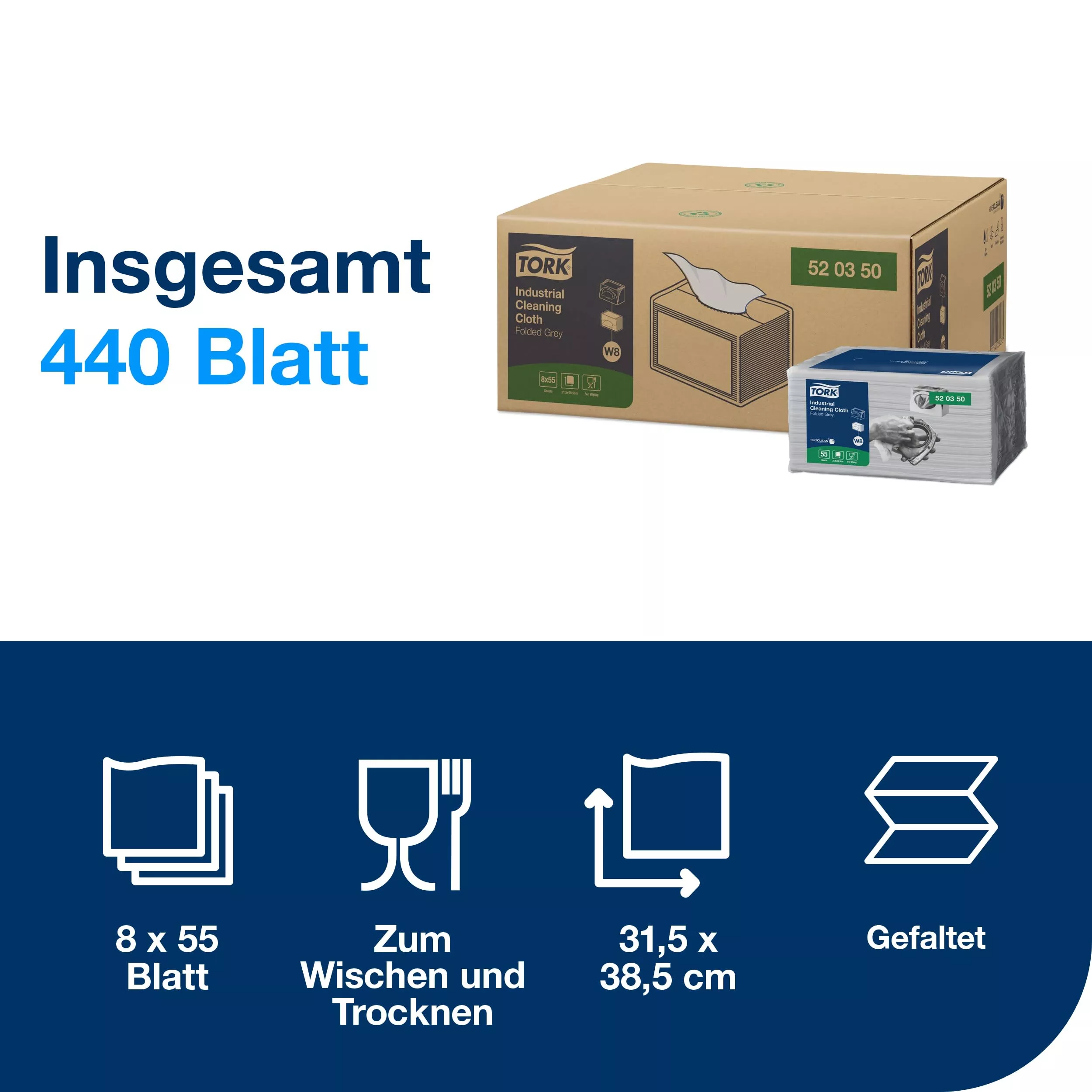 Tork Industrie-Reinigungstücher Grau W8, Gefaltet, 8 × 55 Tücher, 520350