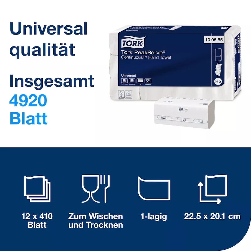 Tork PeakServe® Endlos™-Papierhandtücher Weiß H5, Universal-Qualität, komprimiert, 12 × 410 Tücher, 100585