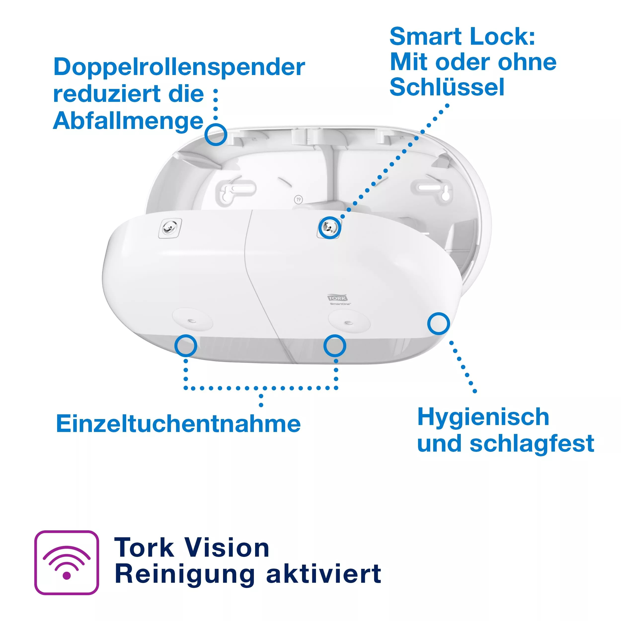 Tork SmartOne® Mini Doppelrollenspender für Toilettenpapier Weiß T9, Hohe Kapazität, Elevation Linie, 682000