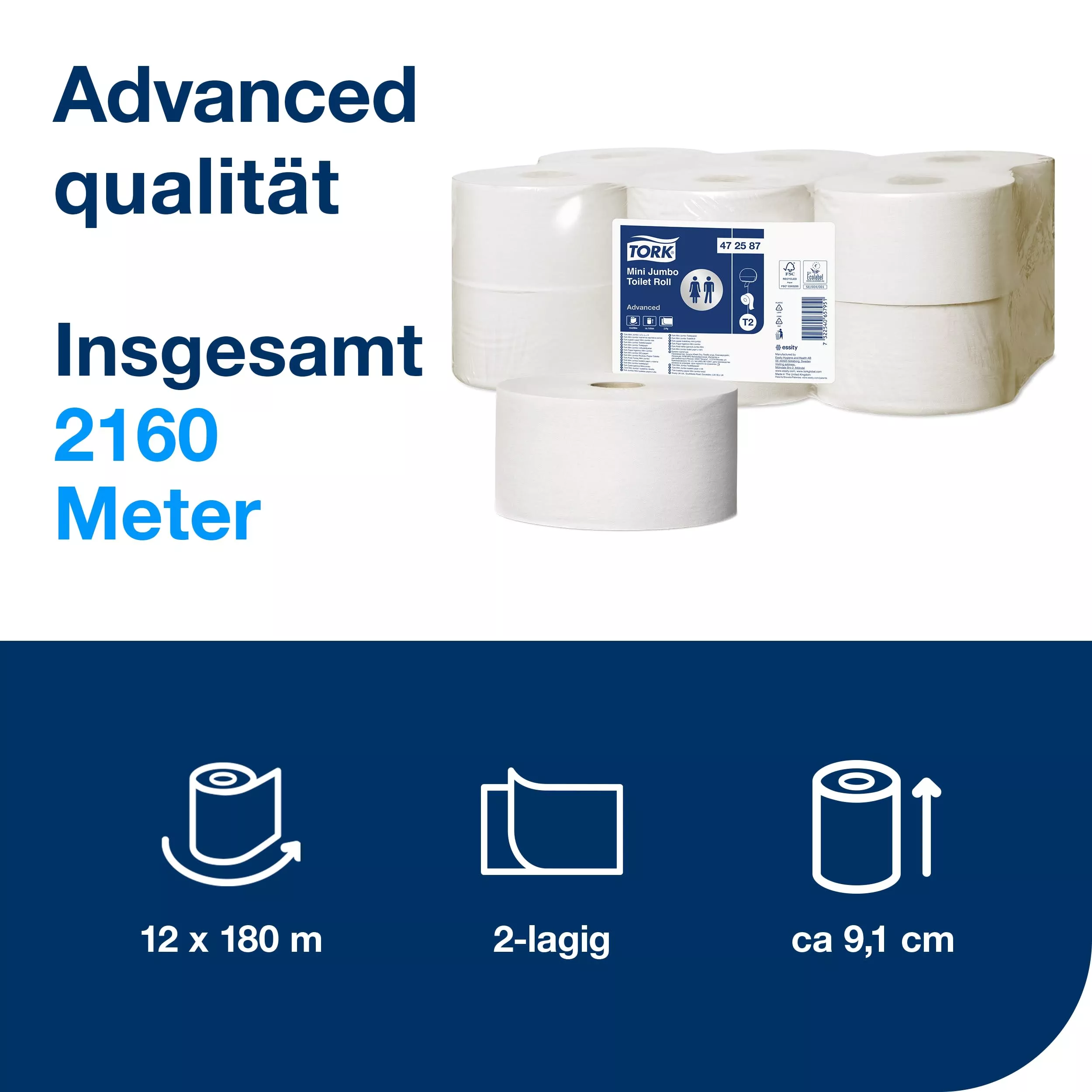 Tork Mini Jumbo Toilettenpapier Weiß T2, Advanced, 2-lagig, 12 × 180 Meter, 472102