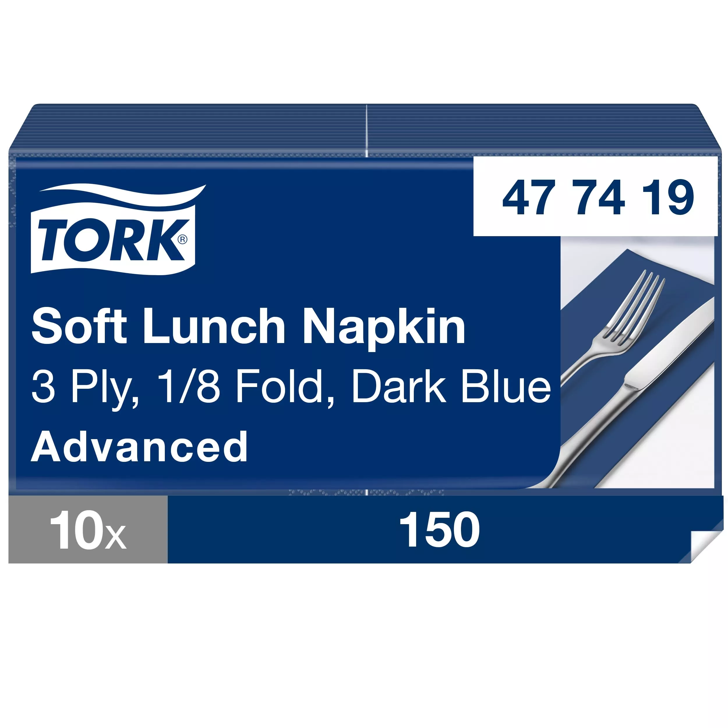Tork Soft Lunchserviette Dunkelblau, 1/8-Falz, 3-lagig, 33 cm × 33 cm, 10 × 150 Servietten, 477419
