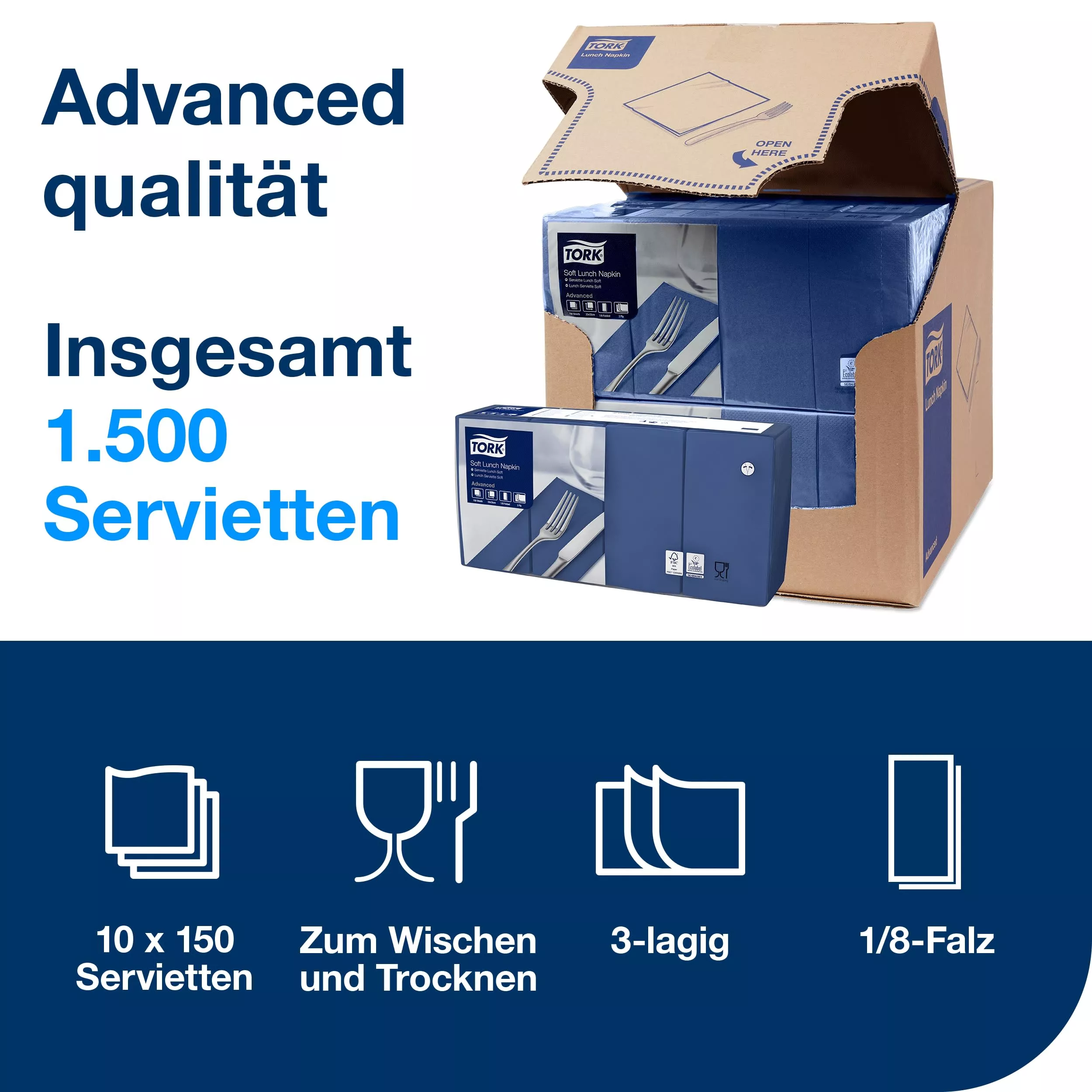 Tork Soft Lunchserviette Dunkelblau, 1/8-Falz, 3-lagig, 33 cm × 33 cm, 10 × 150 Servietten, 477419
