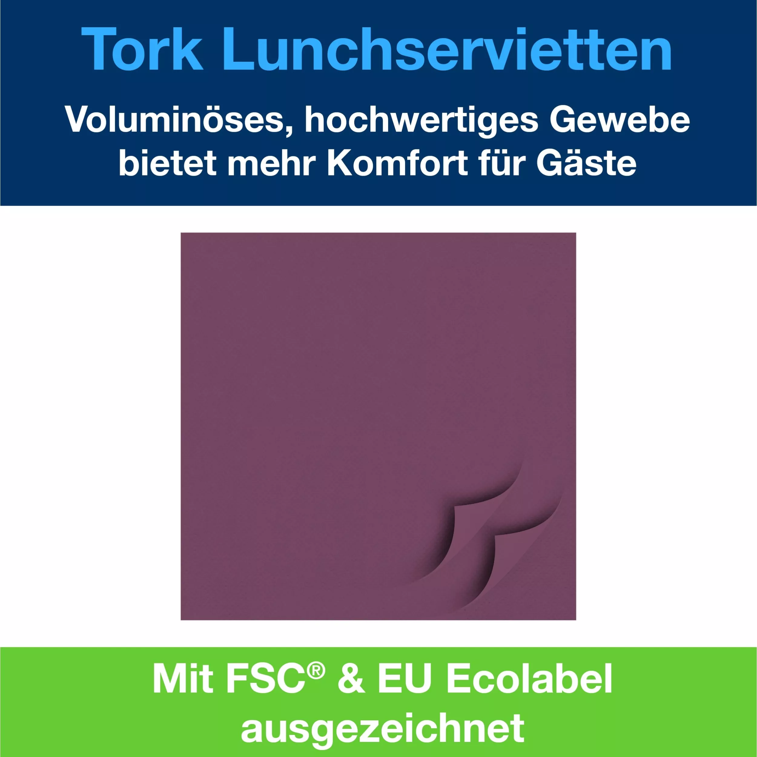 Tork Soft Lunchservietten Violett, 1/4-Falz, 3-lagig, 33 cm × 33 cm, 10 × 150 Servietten, 477865