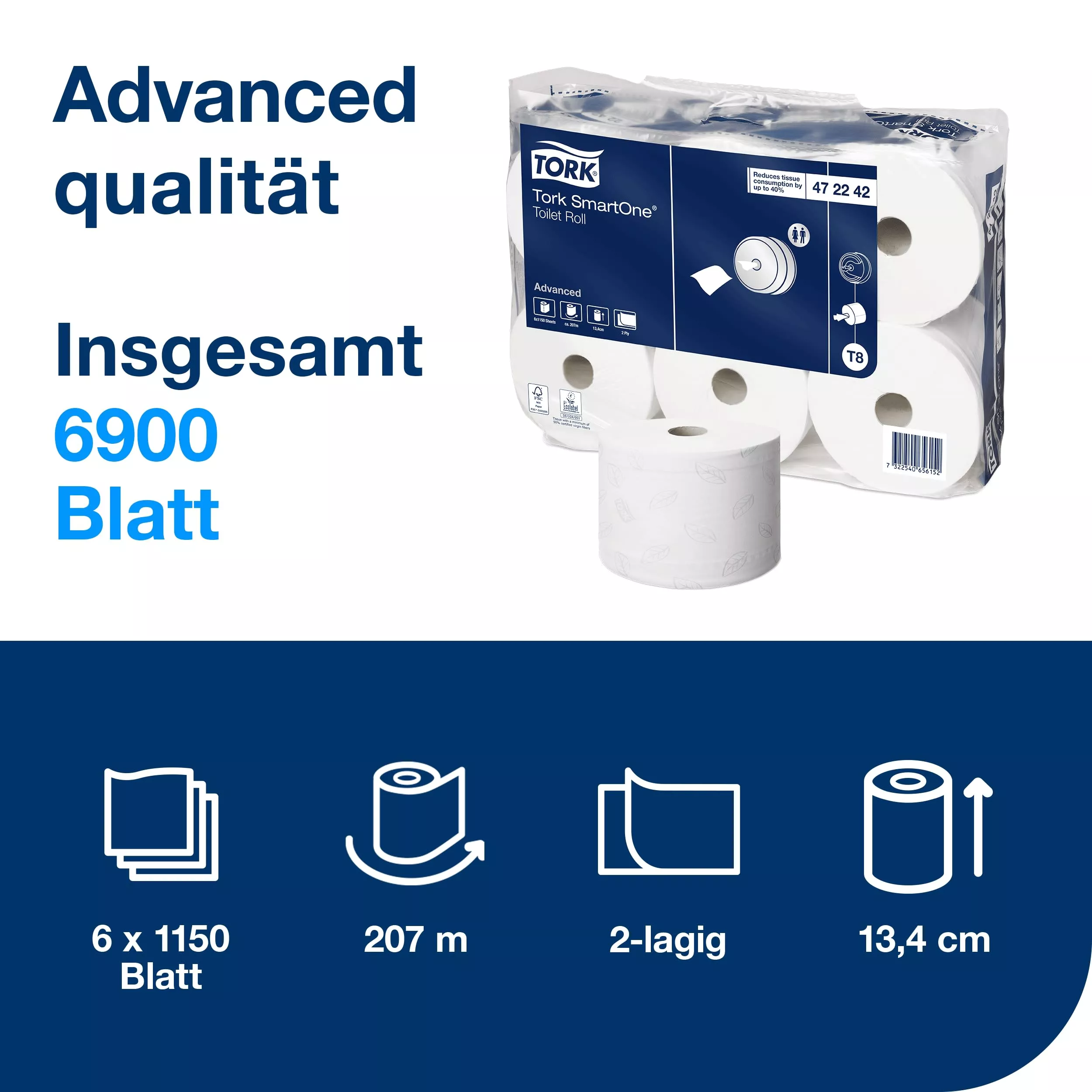 Tork SmartOne® Toilettenpapier Weiß T8, Advanced, 2-lagig, 6 × 1.150 Blatt, 472242