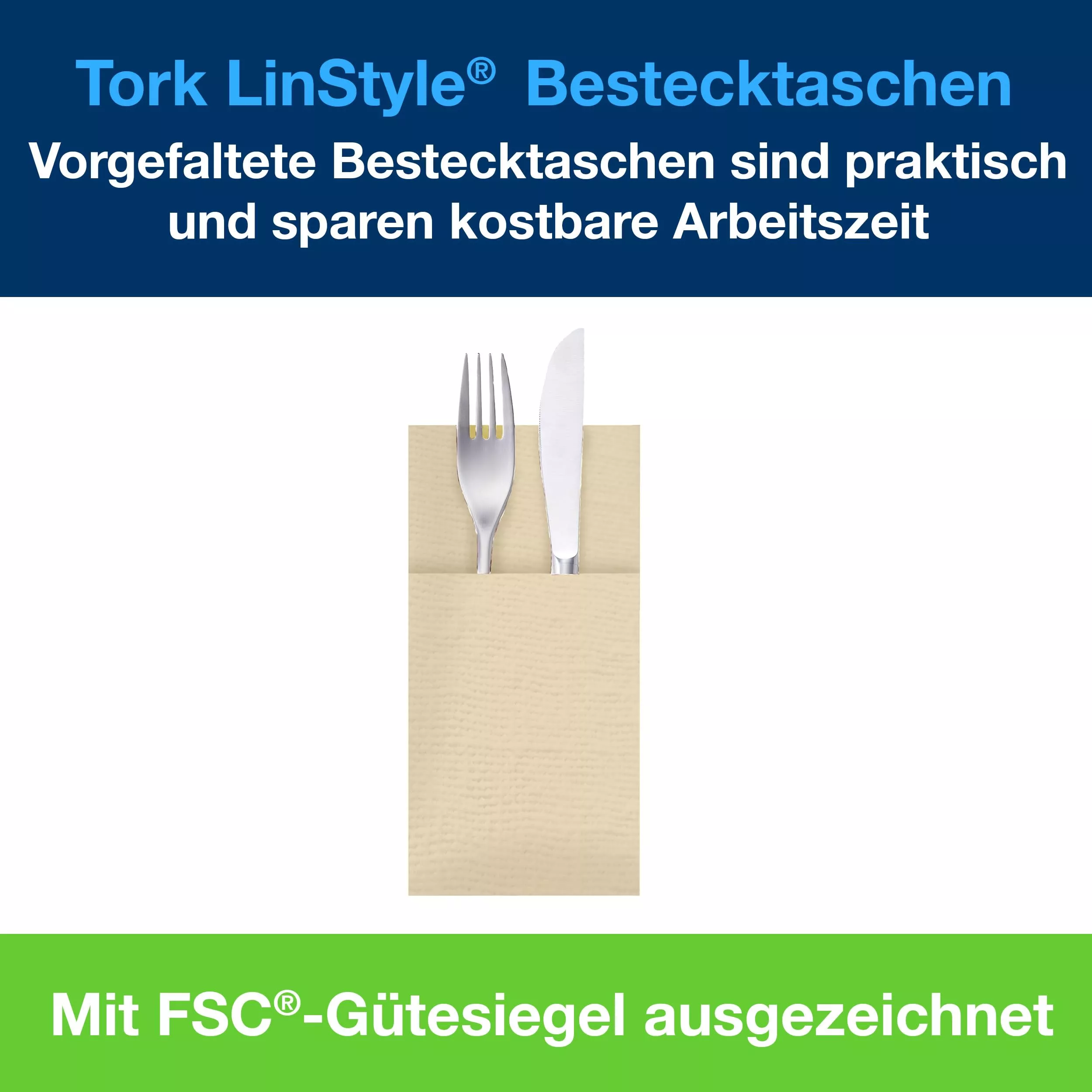 Tork LinStyle® Bestecktaschen Creme, strapazierfähig, 39 cm × 39 cm, 6 × 60 Servietten, 509601