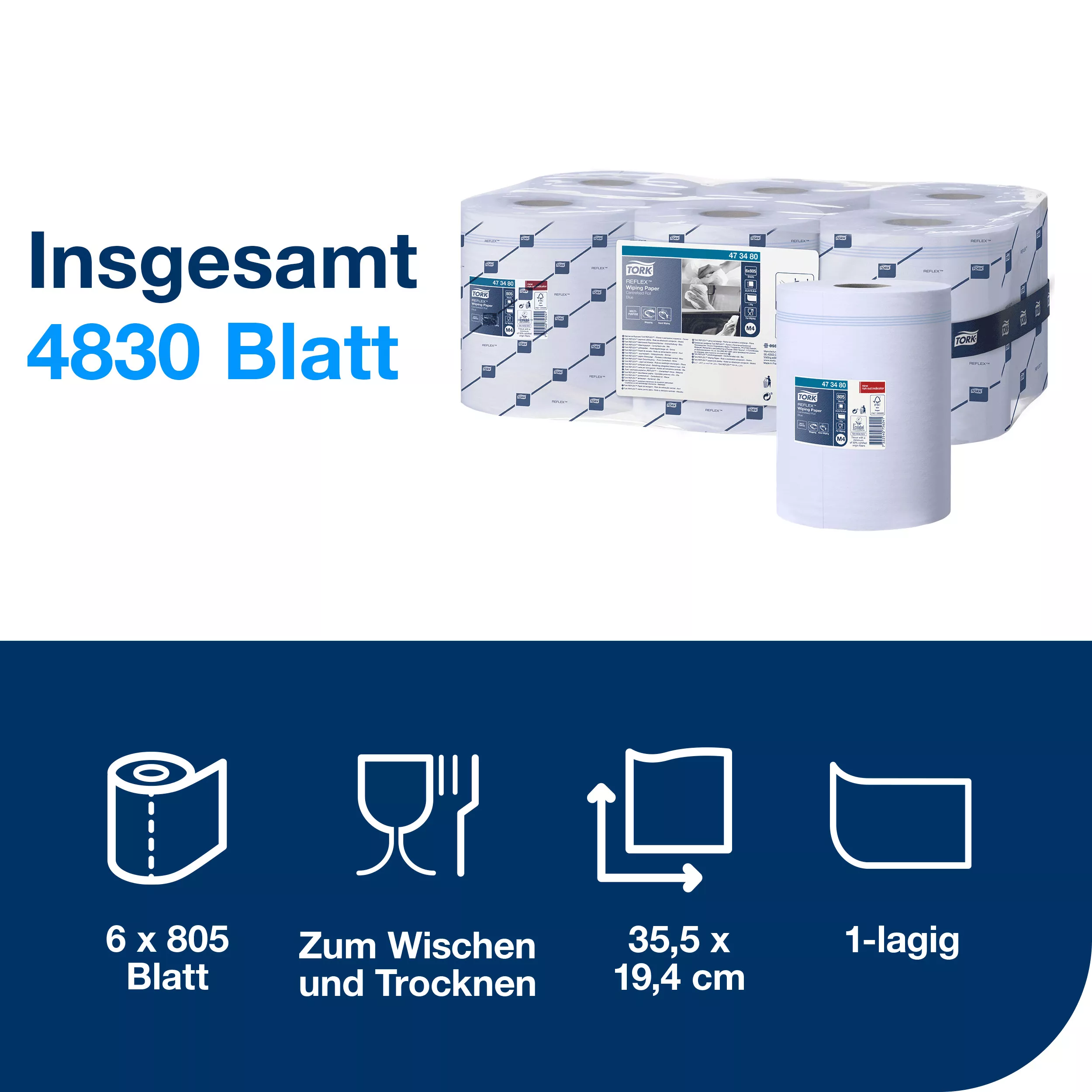 Tork Reflex™ Papierwischtücher Blau M4, SmartCore®, 6 × 805 Blatt, 473480