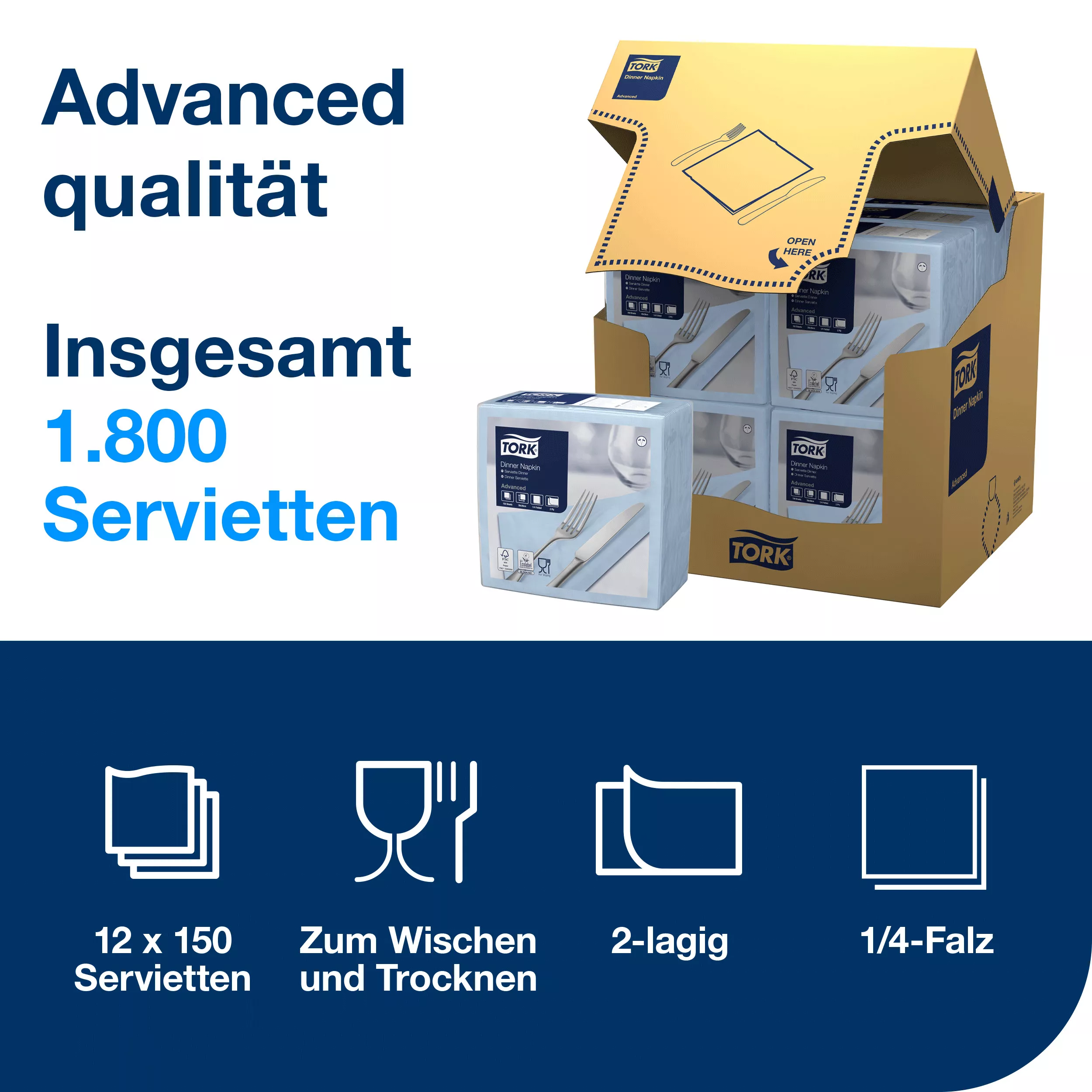 Tork Dinnerservietten Hellblau, 1/4-Falz, 2‑lagig, 40 cm × 39 cm, 12 × 150 Servietten, 477905