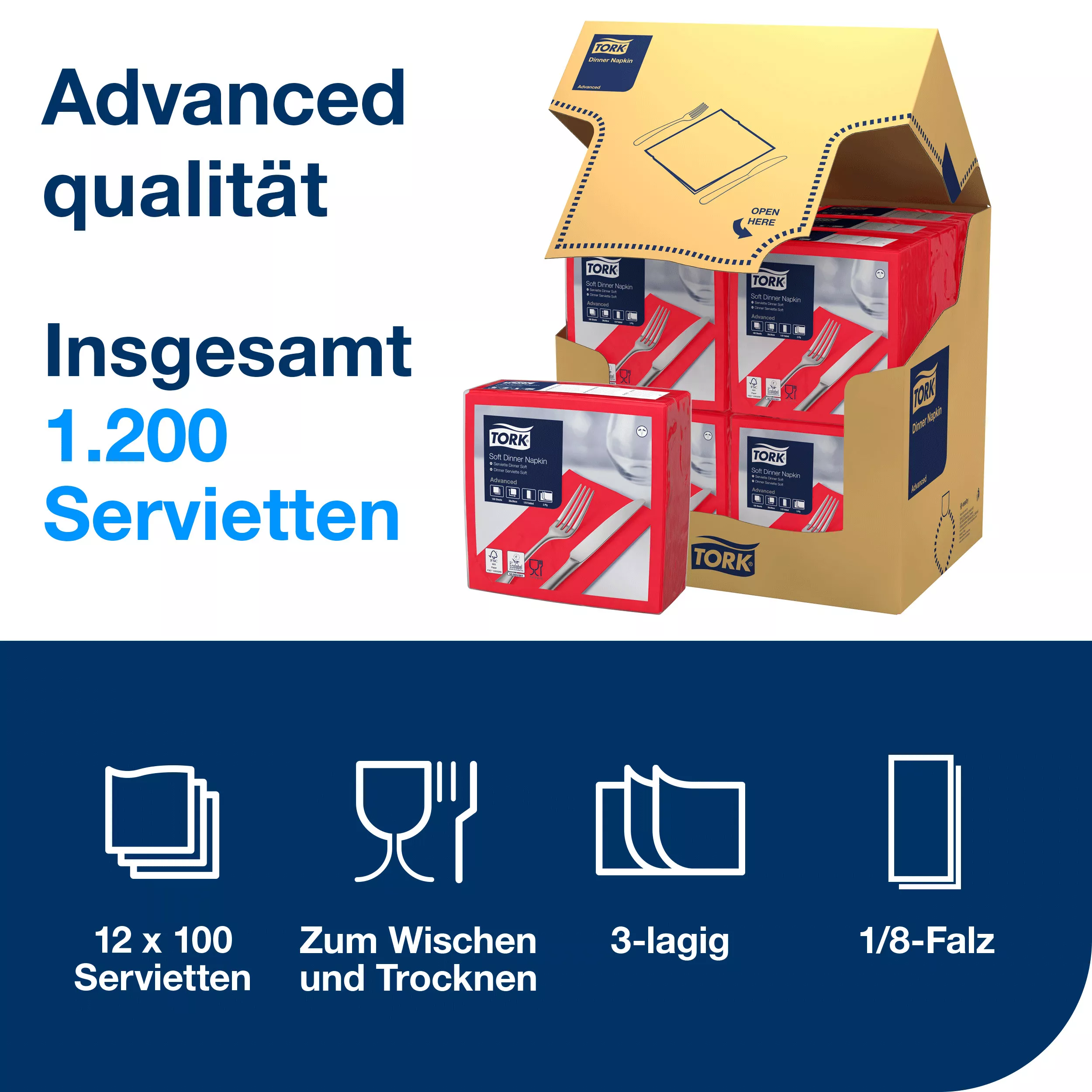 Tork Soft Dinnerservietten Rot, 1/8‑Falz, 3‑lagig, 39 cm × 39 cm, 12 × 100 Servietten, 477620