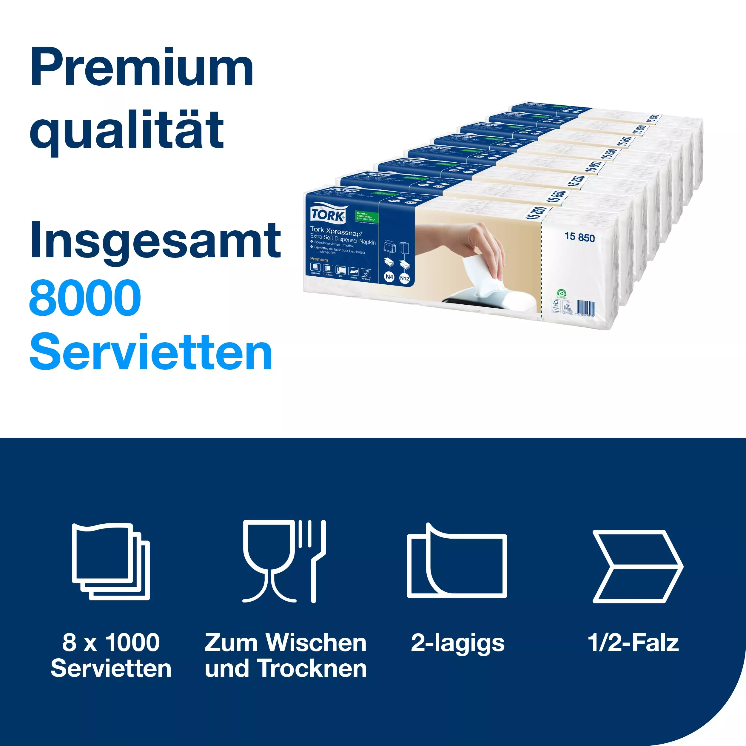 Tork Xpressnap® Extra Soft Weiße Spenderserviette N4, Premium, 1/2-Falz 2-lagig, 21,3 cm × 16,5 cm, 8 × 1.000 Servietten, 15850