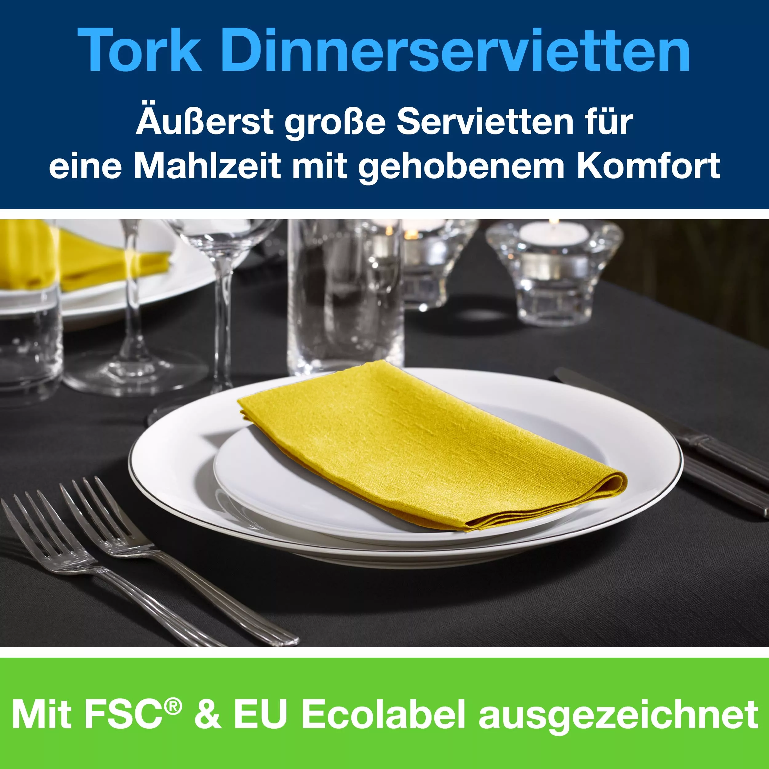 Tork Dinnerservietten Gelb, 1/8‑Falz, 2‑lagig, 39 cm × 39 cm, 12 × 150 Servietten, 470403