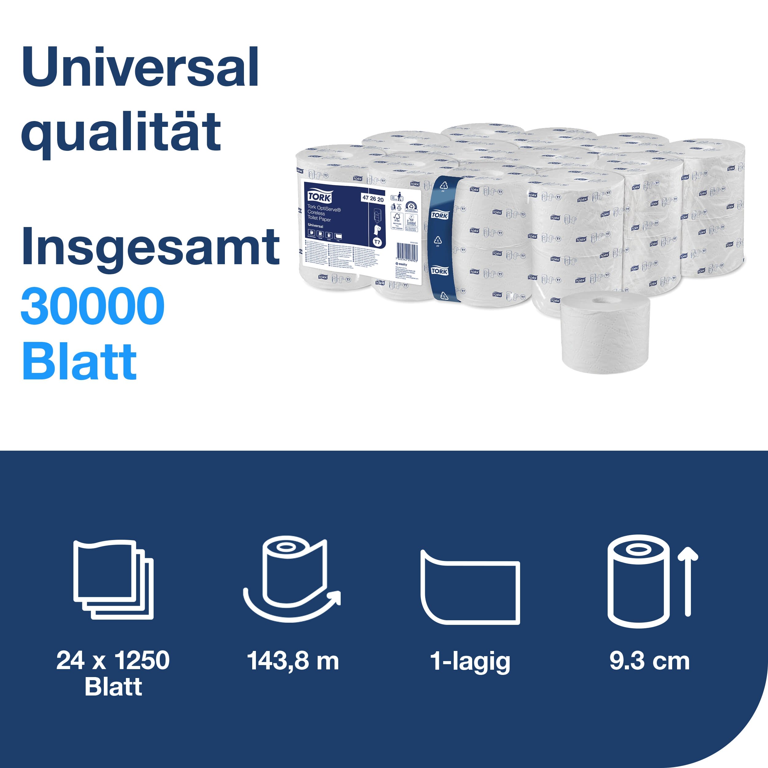 Tork OptiServe® Hülsenloses Toilettenpapier Weiß T7, Universal, 1‑lagig, 24 × 1.250 Blatt, 472620