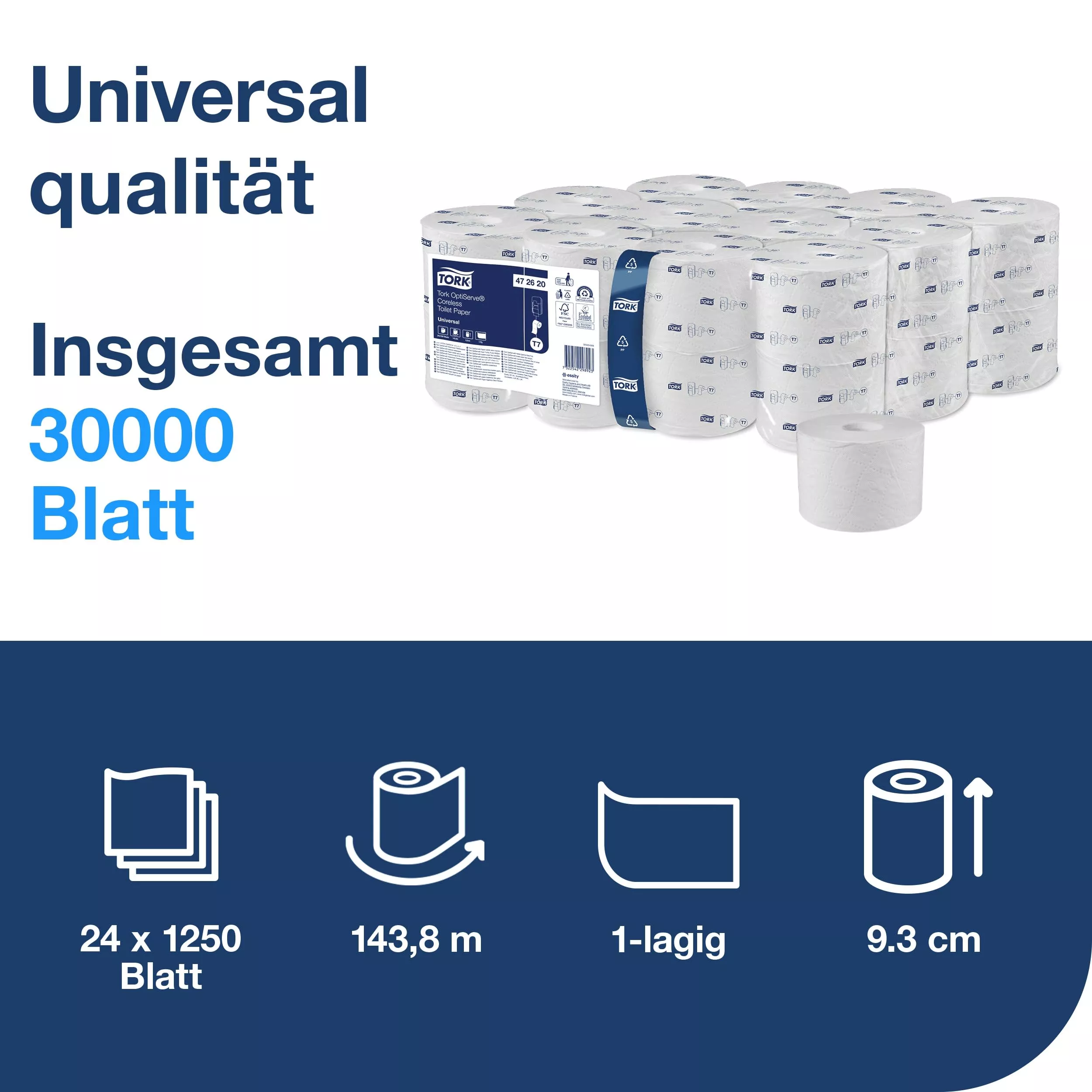 Tork OptiServe® Hülsenloses Toilettenpapier Weiß T7, Universal, 1‑lagig, 24 × 1.250 Blatt, 472620